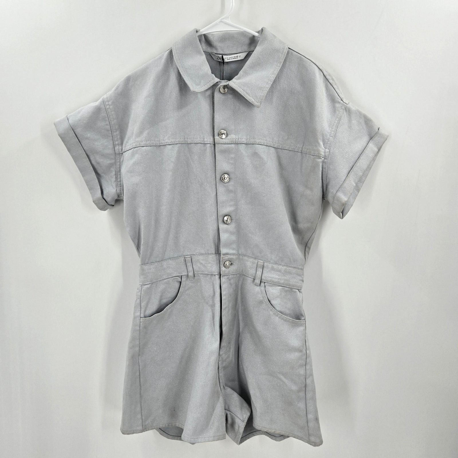Zara NWT Zara Collared Denim Metallic Blue/Silver Romper Size M Size 30" / US 8 / IT 44 - 1 Thumbnail