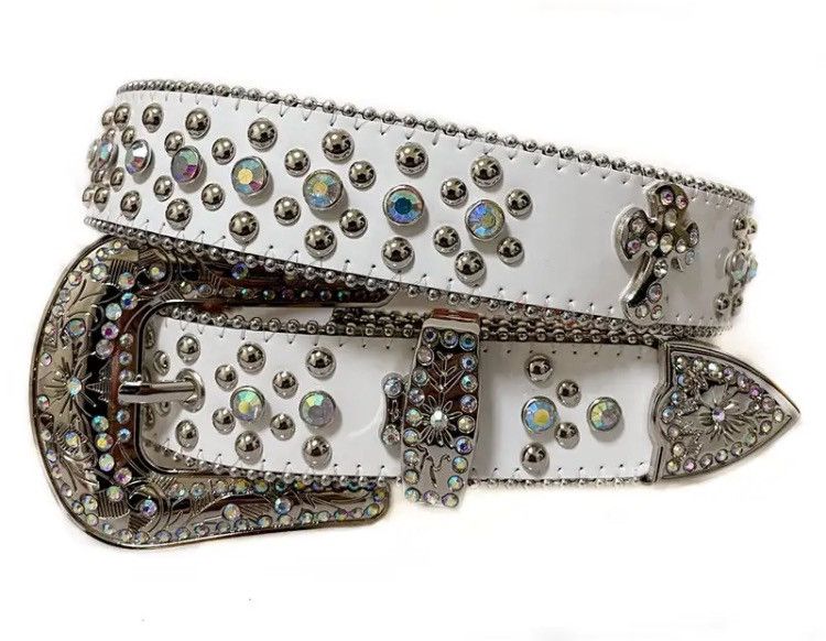 image of White Color Rhinestone Bling Buckle Pu Leather Belt, Men's