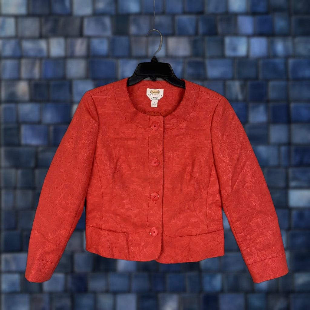 Talbots Talbots Blazer Womens 10P Red Floral Collarless Short Jacket Dressy Feminine Petites Size L / US 10 / IT 46 - 1 Thumbnail