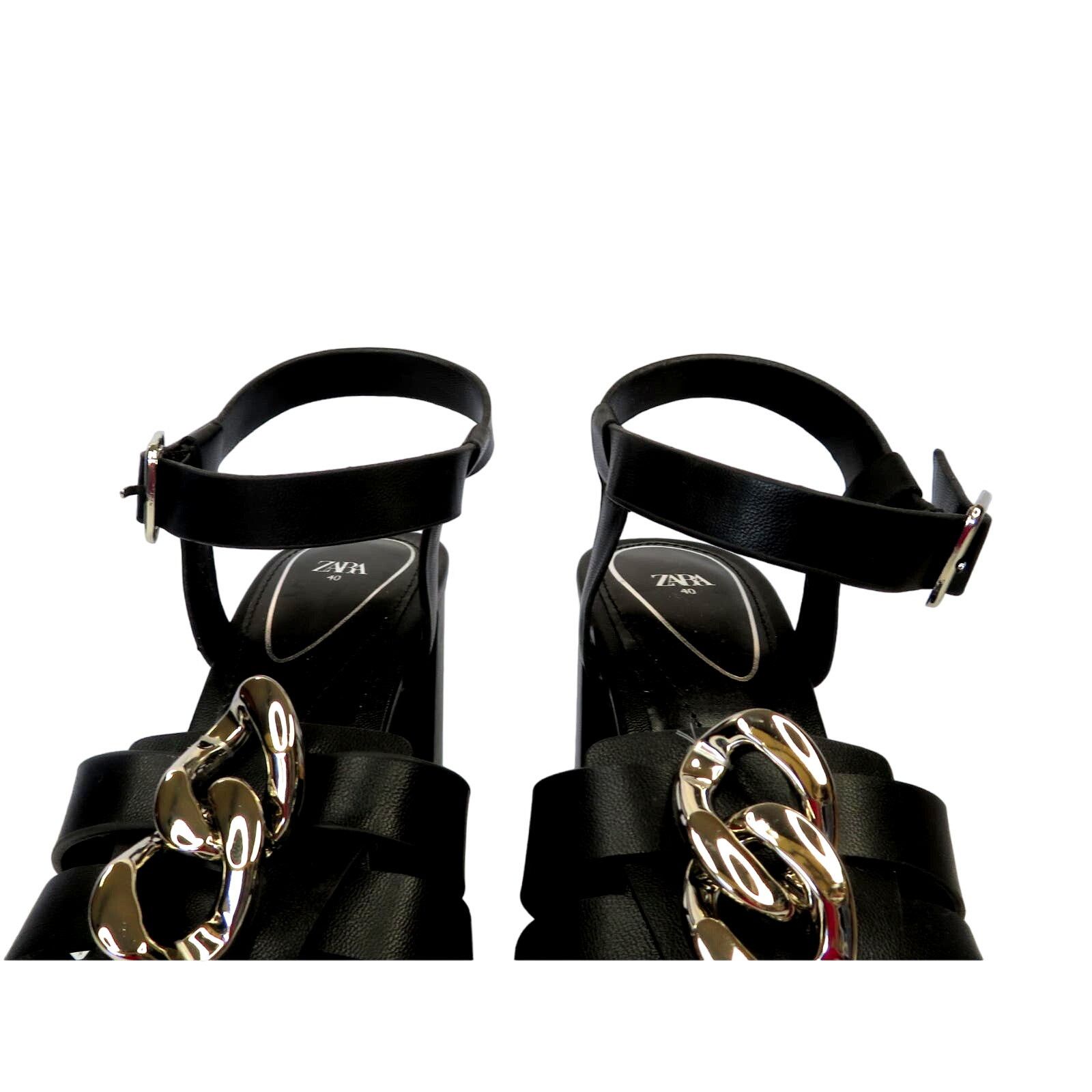 Zara ZARA Black Strappy Chunky Platform Sandals w/ Gold Chain Size US 9 / IT 39 - 7 Thumbnail