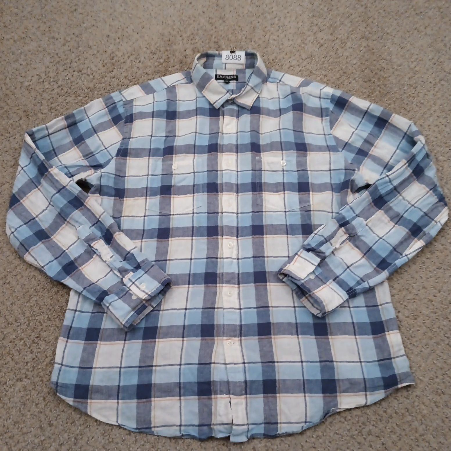 Express Express Shirt Button-Up Mens XL Blue Plaid Long Sleeve Pockets Linen Blend Cotton Size US XL / EU 56 / 4 - 2 Thumbnail