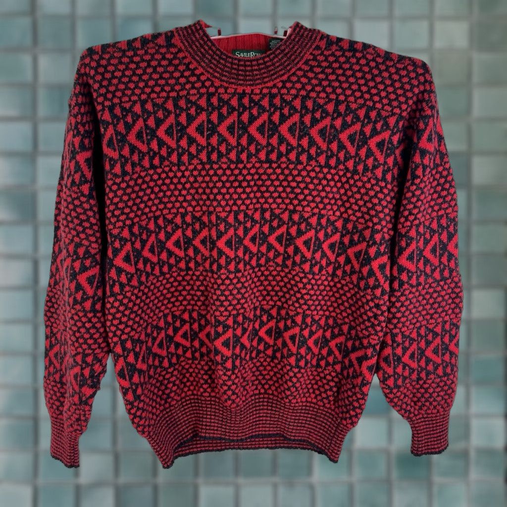 Vintage VINTAGE Savile Row Wool Sweater Men XL Crew Neck Geometric Pattern Red 80s 90s Classic Size US XL / EU 56 / 4 - 1 Thumbnail