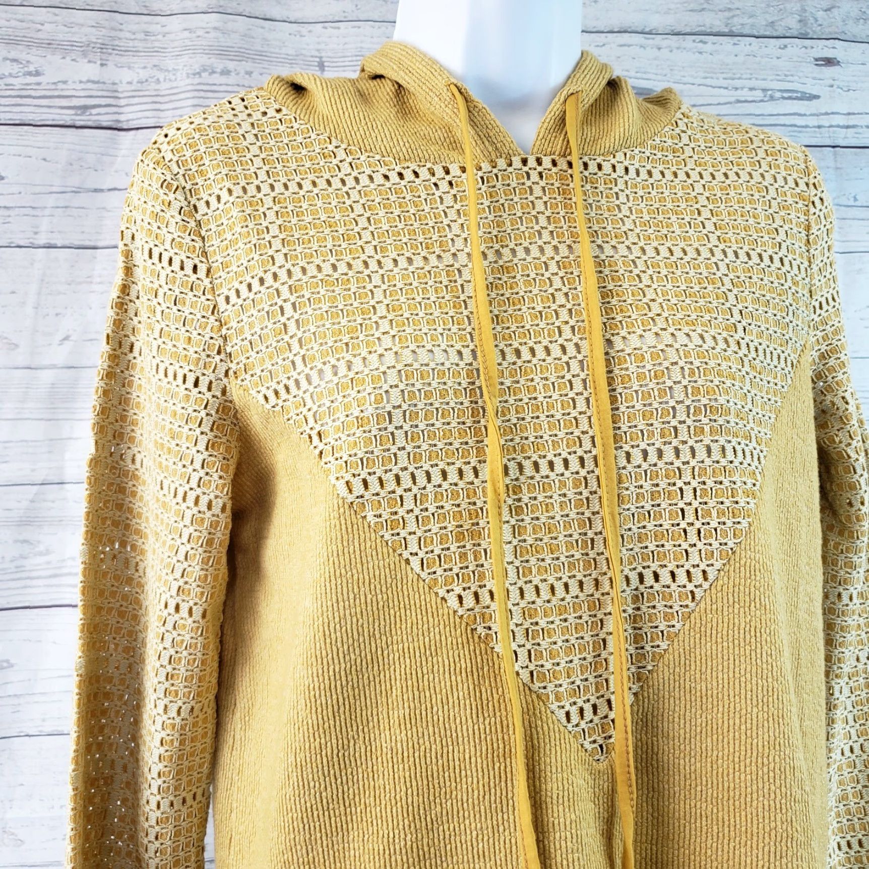 Vintage Anama Womens Woven Plaid Panel Hoodie Sz Medium Gold Long Sleeve Cotton Blend Size M / US 6-8 / IT 42-44 - 3 Thumbnail