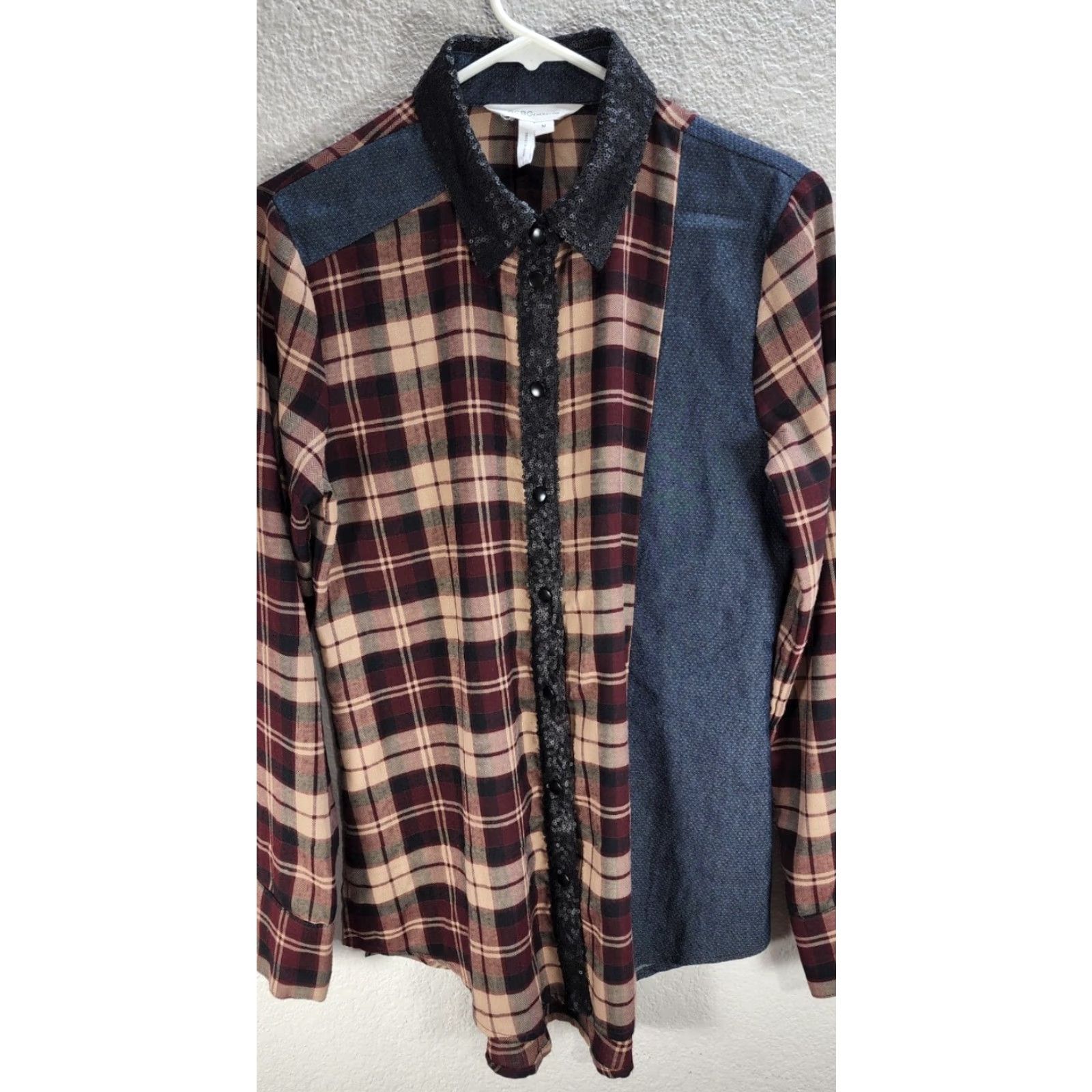 BCBGeneration BCBGeneration Blouse Shirt Sequin Plaid Chambray Brown Button Down Long Sleeve Size M Womens Size M / US 6-8 / IT 42-44 - 3 Thumbnail