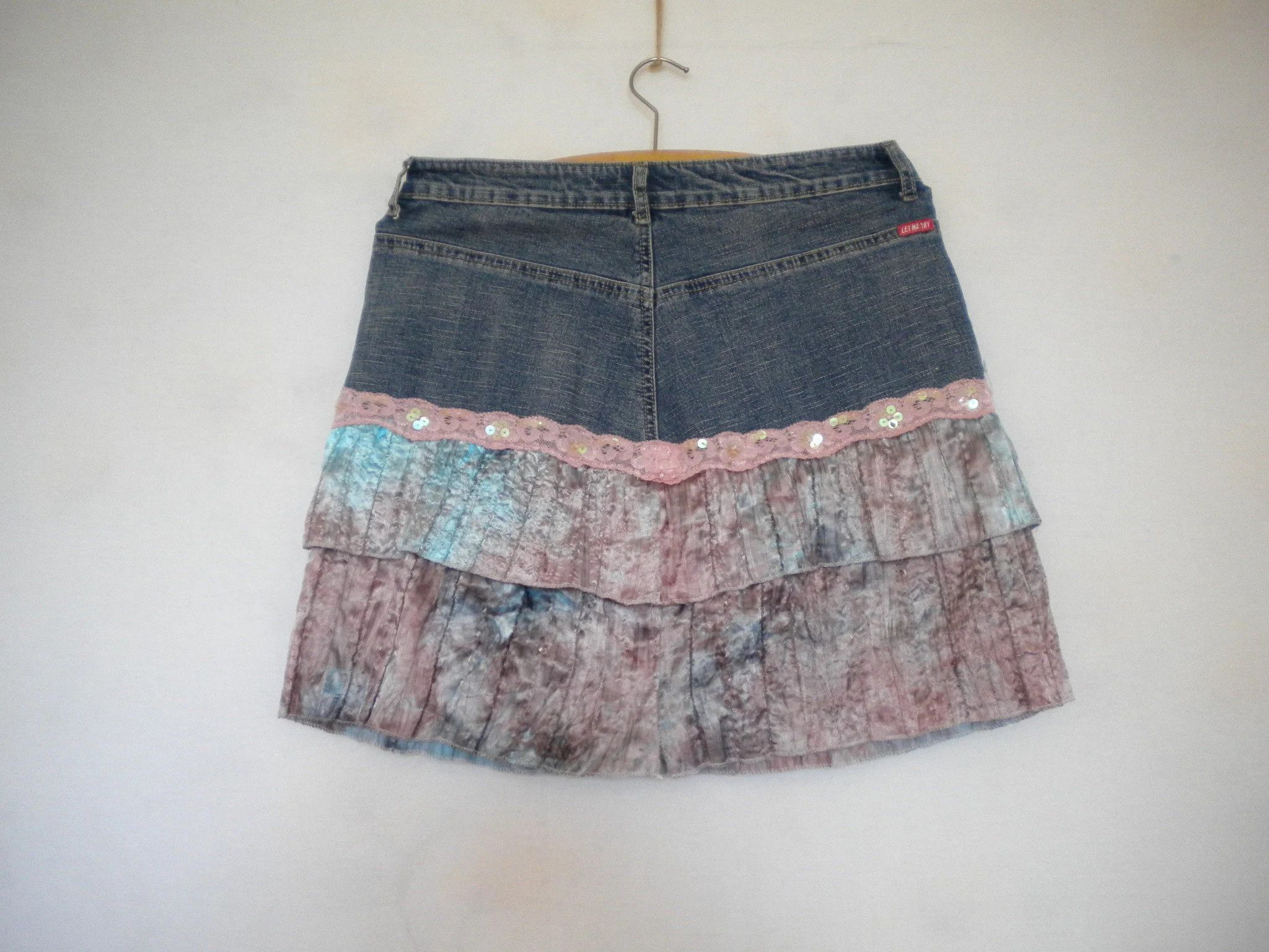 Other Vintage denim hippie jean mini skirt Y2K ruffle lace sequins Size 27" / US 4 / IT 40 - 5 Thumbnail