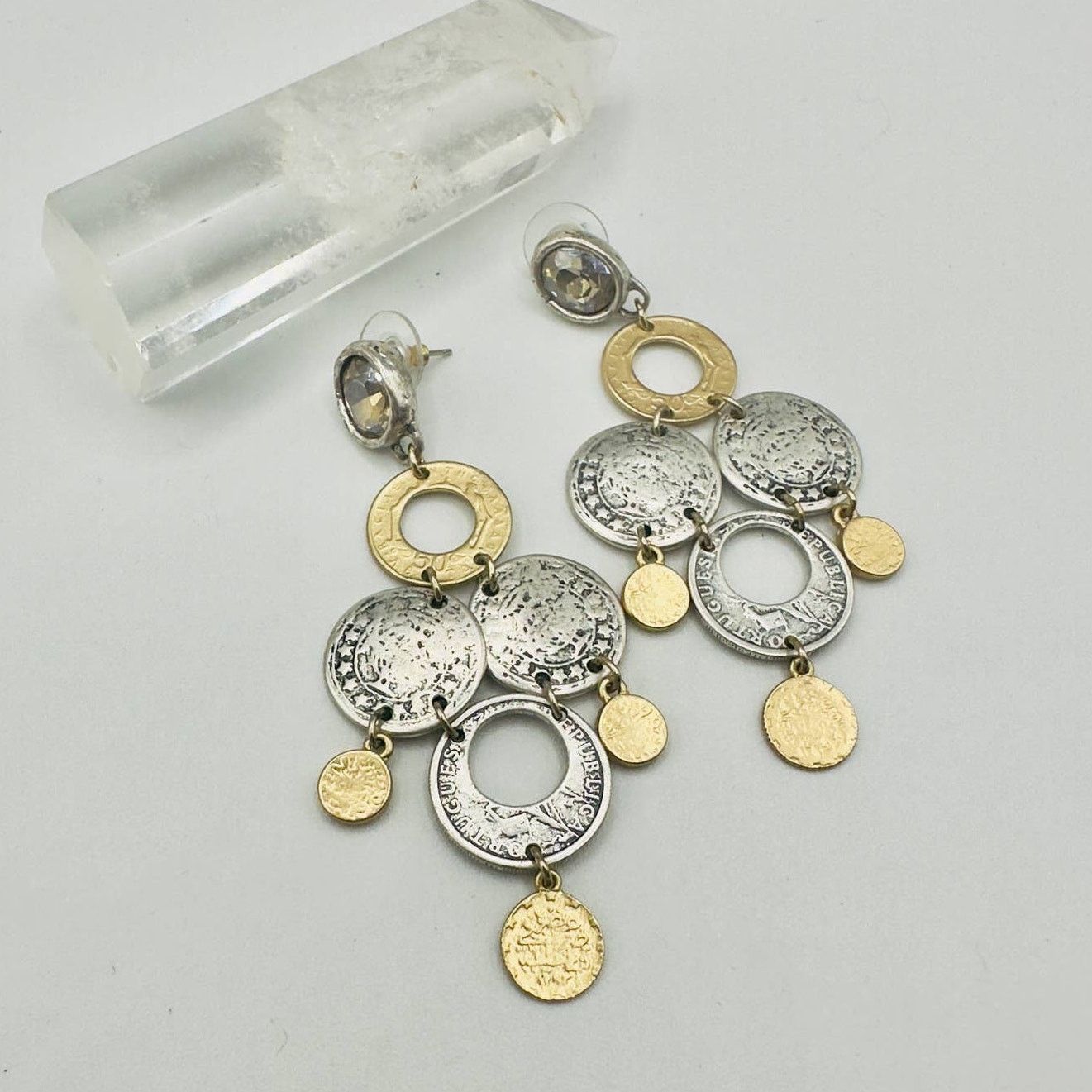 Chicos Chico's Silver Gold Tone Statement Coin Dangle Earrings NWOT Size ONE SIZE - 1 Thumbnail