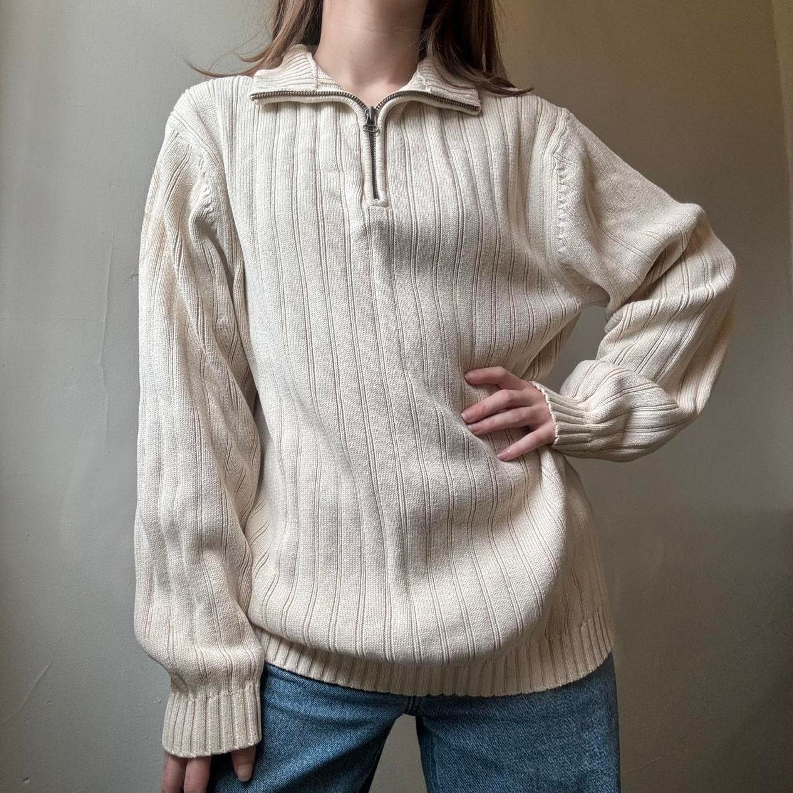 Vintage Vintage Hathaway Cream Knit 3/4 Zip Sweater Medium Cotton Size US M / EU 48-50 / 2 - 1 Thumbnail