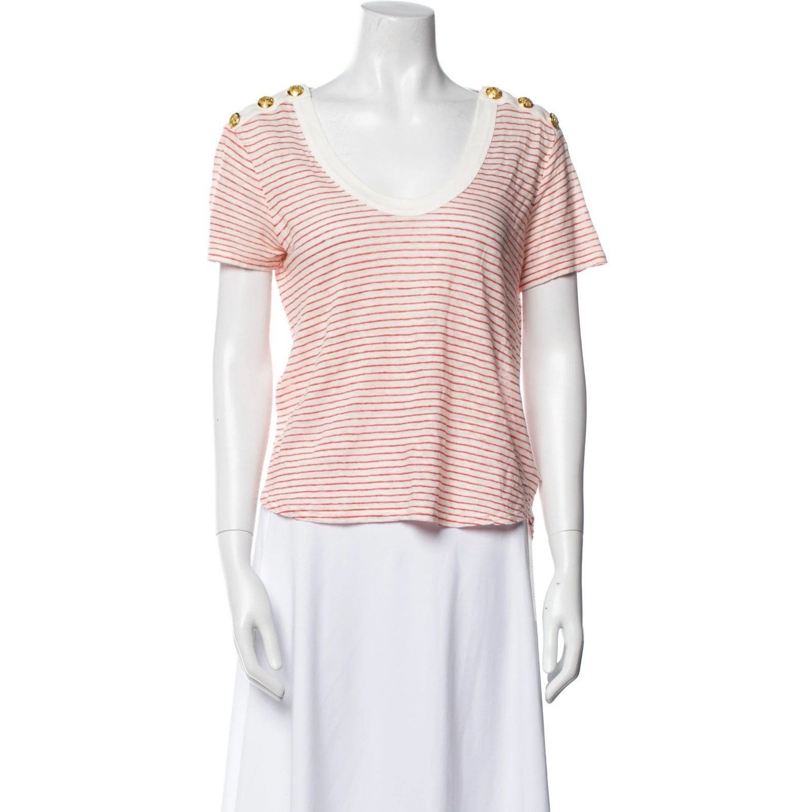 Veronica Beard Veronica Beard Red Striped Linen Scoop T Shirt Gold Buttons Size S / US 4 / IT 40 - 1 Thumbnail