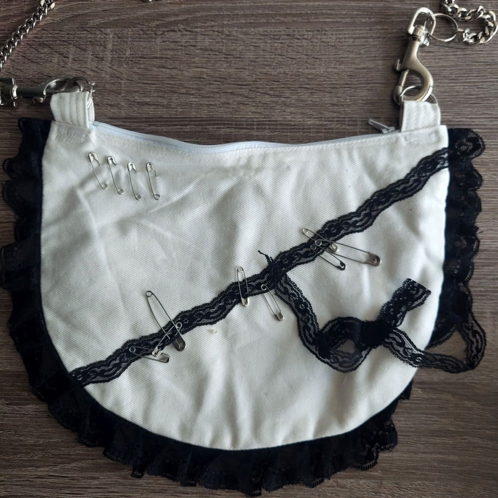 Vintage Handmade Black Lace Shoulder Bag with Chain Strap Pins - Small Women’s Bag, Silver Handle, Personalize, Stylish, Unbranded, Women, Bag Size ONE SIZE - 3 Thumbnail