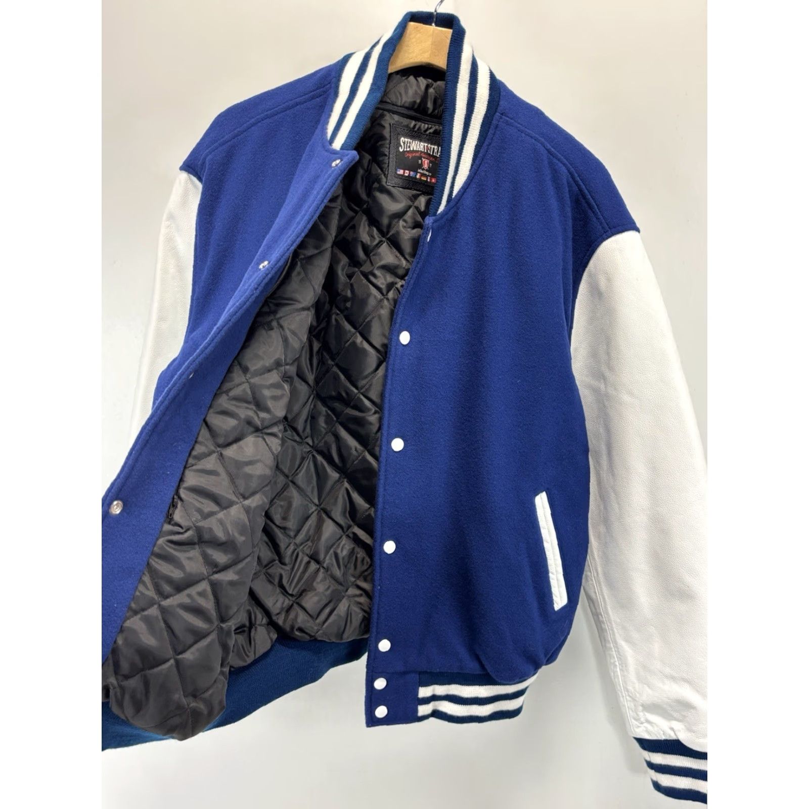 Vintage VINTAGE Stewart & Strauss Varsity Jacket Leather 2XL Blue White Wool Blend Short Snap Mens Size US XXL / EU 58 / 5 - 4 Thumbnail