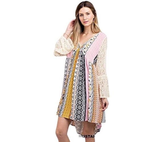 Other Mixed Print Lace Bell Sleeve Mini Dress | Boho Coastal Cowgi Size S / US 4 / IT 40 - 9 Thumbnail