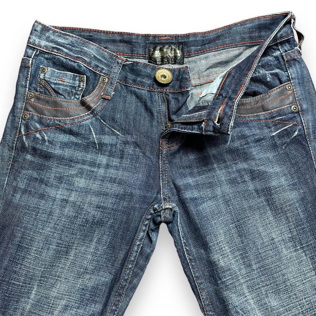 🇯🇵 SUPER FLARE BACK NUMBER LEATHER POCKET DENIM PANTS