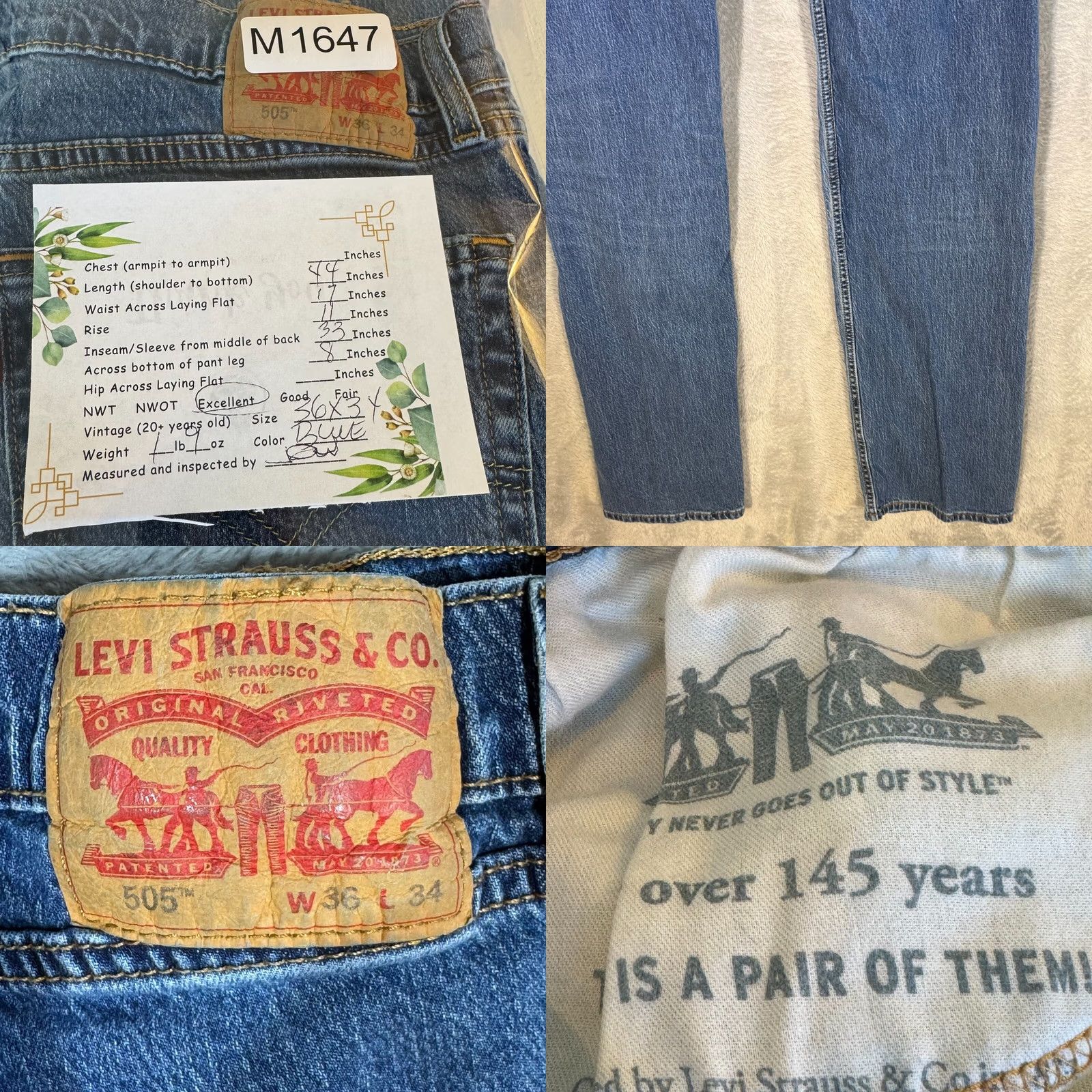 Levi's Levi’s 505 Jeans Men Straight Leg Blue Denim Mid-Rise 36 x 34 Regular Modern Classic Vintage No Size US 36 / EU 52 - 8 Thumbnail
