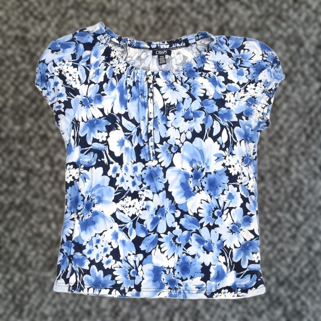 Chaps CHAPS Womens Short Sleeve Blouse Top Blue Floral Medium UK 12 Size M / US 6-8 / IT 42-44 - 1 Thumbnail