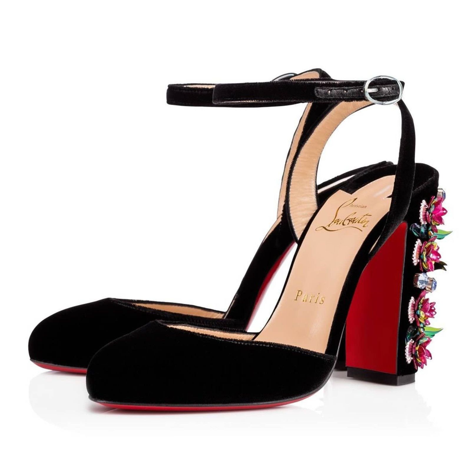 Madonaflor 100 Black Velvet Ankle Strap Block Heel Pump 36.5