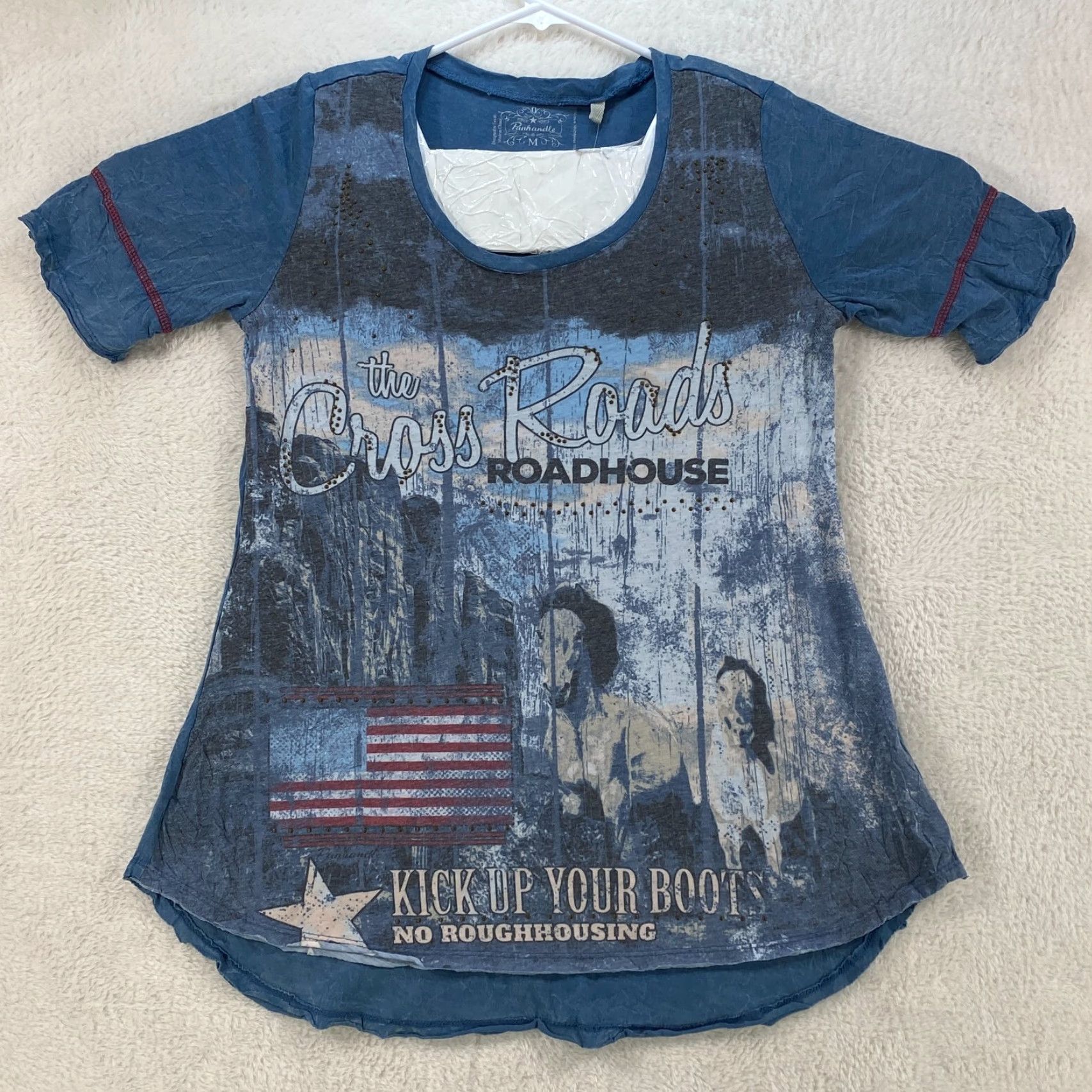 Vintage VINTAGE Panhandle Womens Medium Blue Shirt Short Sleeve Graphic Cowgirl Horses Boots Size M / US 6-8 / IT 42-44 - 2 Thumbnail