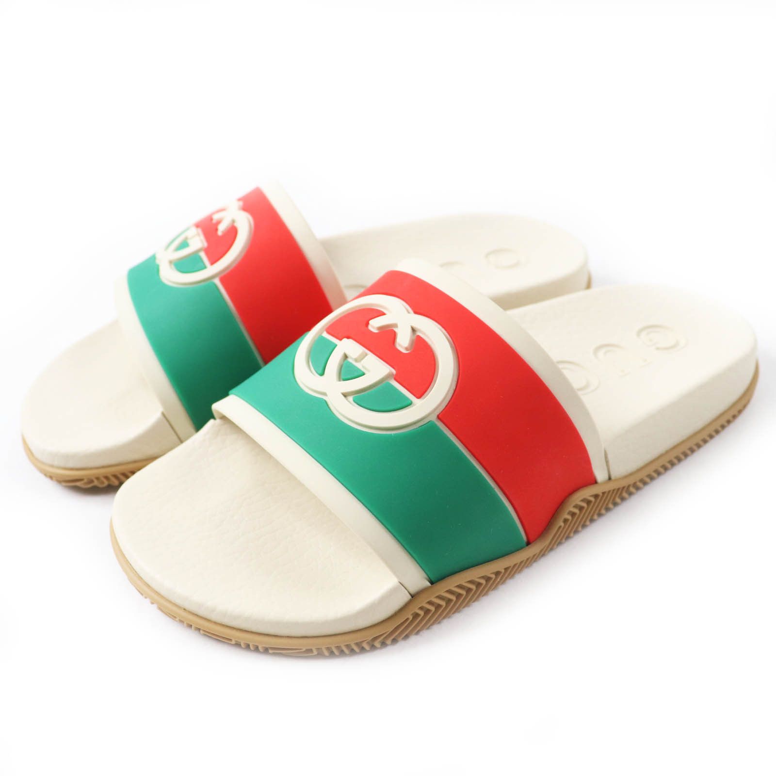 Gucci Gucci Interlocking G Slide Rubber Leather Sandals Leather Shoes 655641 in Beige, Women's