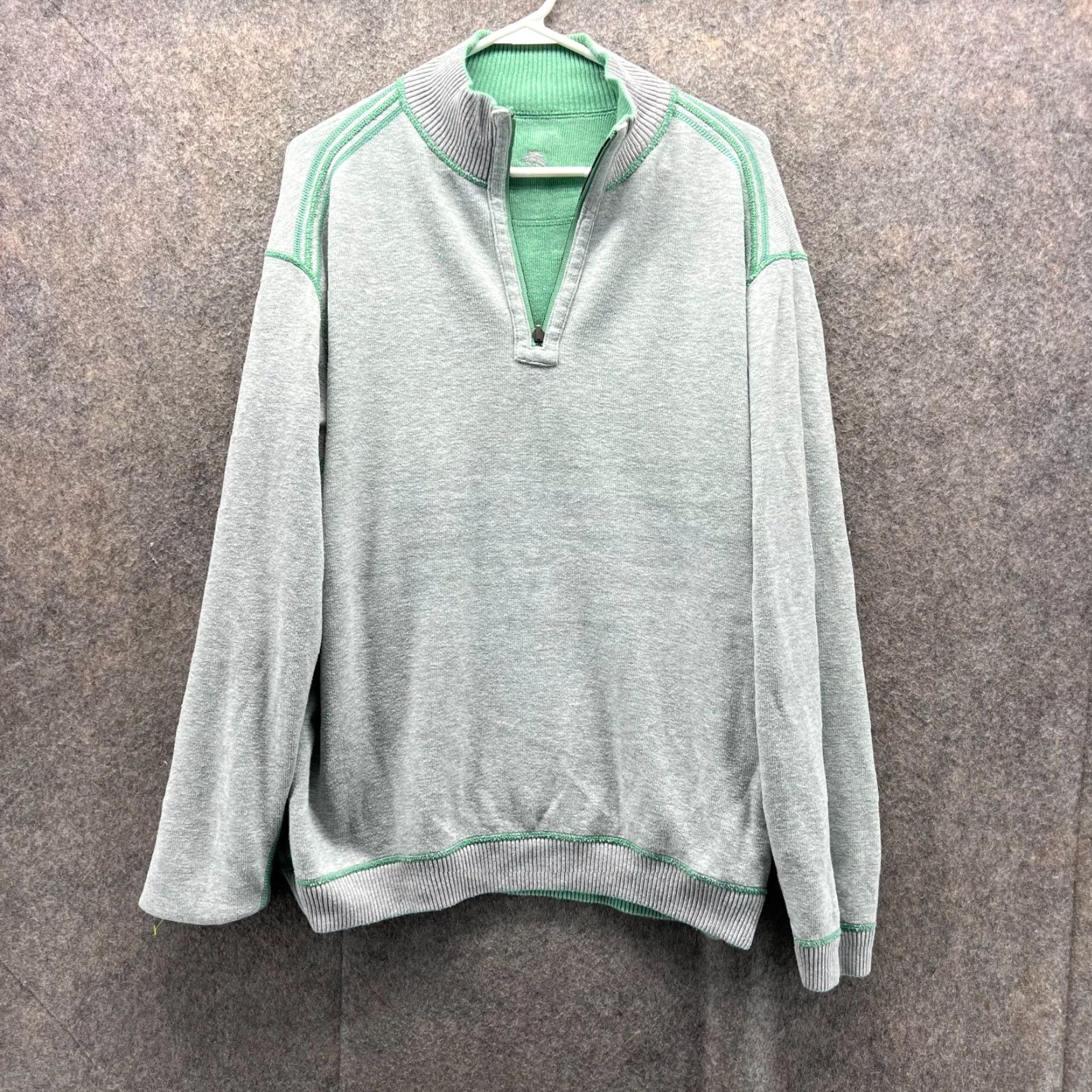 Tommy Bahama Tommy Bahama Sweater Mens Large Reversible Fleece Pullover Gray Mint Green Jersey Knit Casual Formal Long Sleeve Logo Size US XL / EU 56 / 4 - 2 Thumbnail
