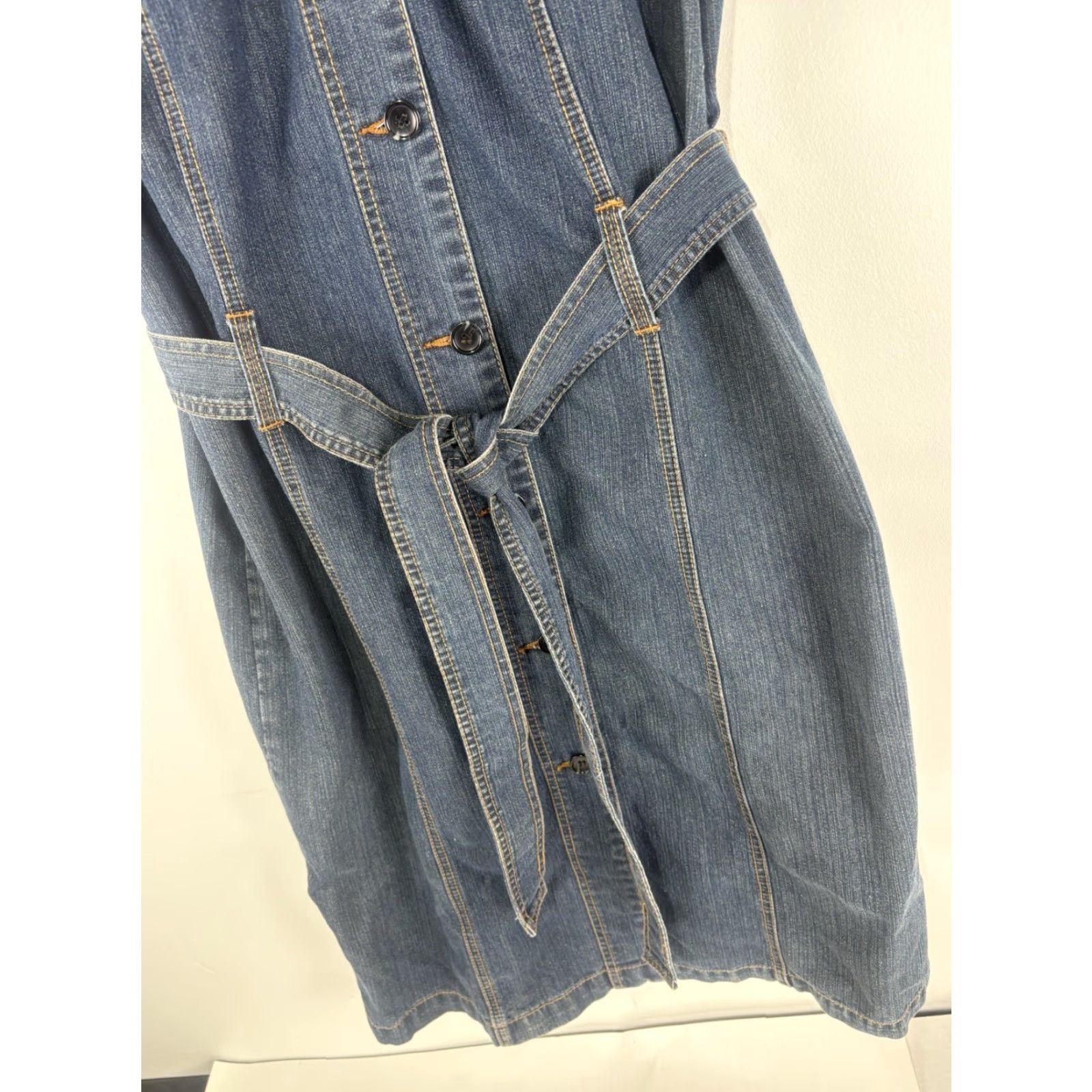 Avenue Avenue Jeans Dk Wash Maxi Dress Womens Size 16 Button Denim Cotton Polyester Belted Pockets Short Sleeve Collared Blue Retro 90s Classic Long Sleeve? Size 38" / US 16 / IT 52 - 3 Thumbnail