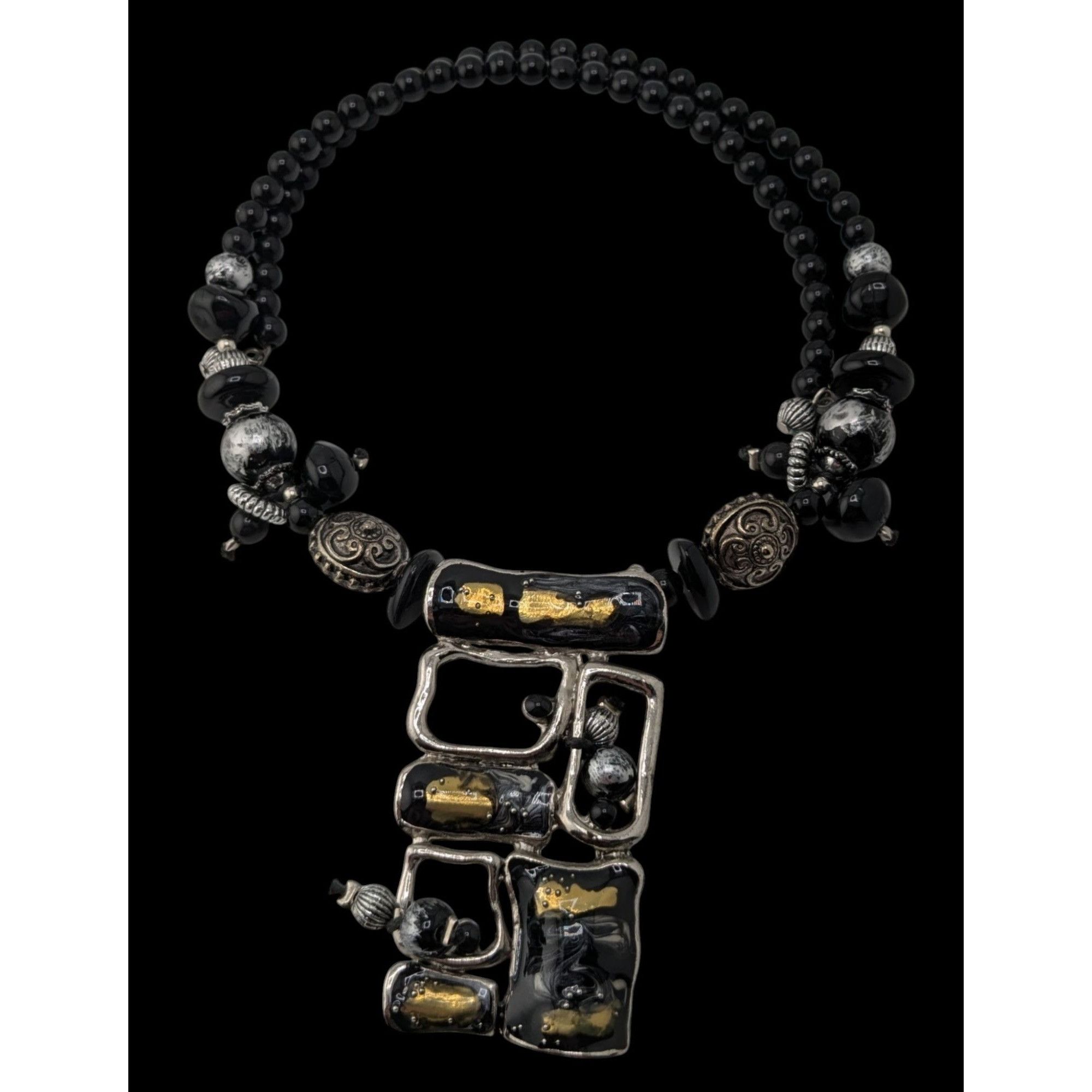 Other Abstract Brutalist Beaded Black And Silver Tone Necklace Wit Size ONE SIZE - 1 Thumbnail