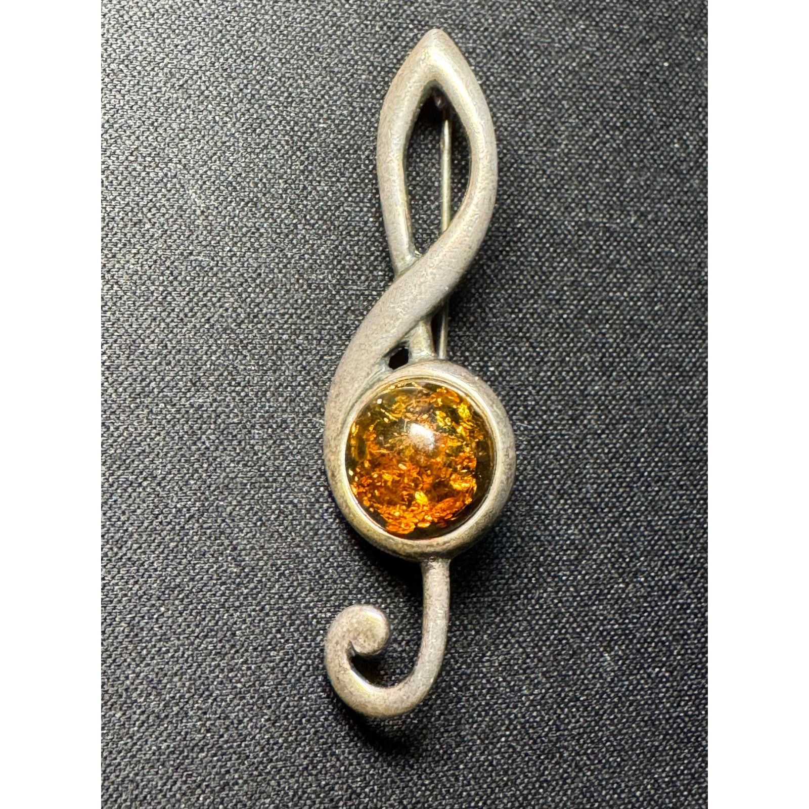 Other 925 Silver Amber Cabachon Treble Clef Brooch Size ONE SIZE - 1 Thumbnail