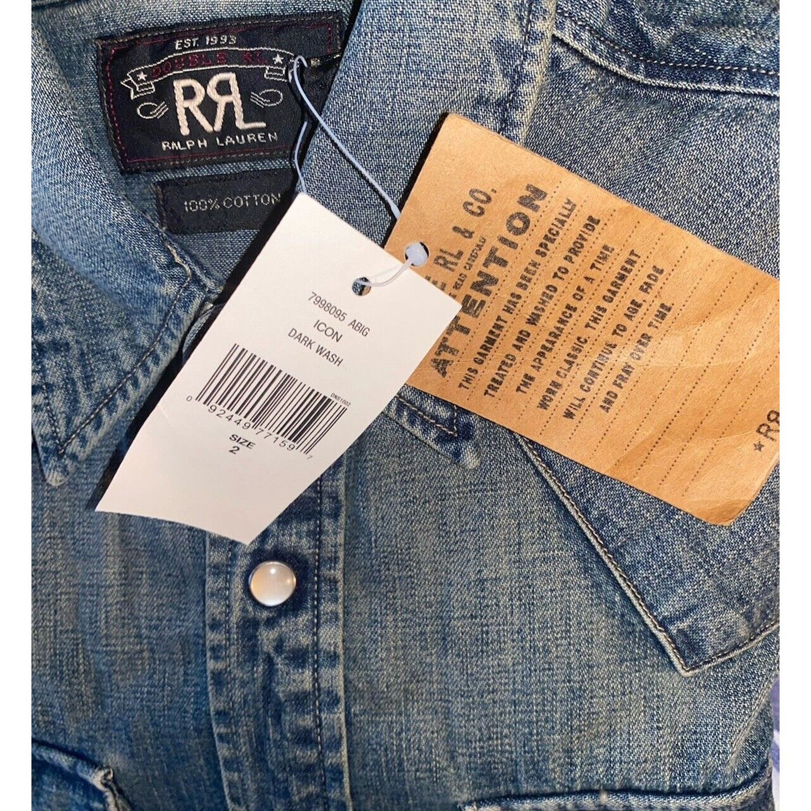 RRL Ralph Lauren Icon Western Shirt Blue Denim Size