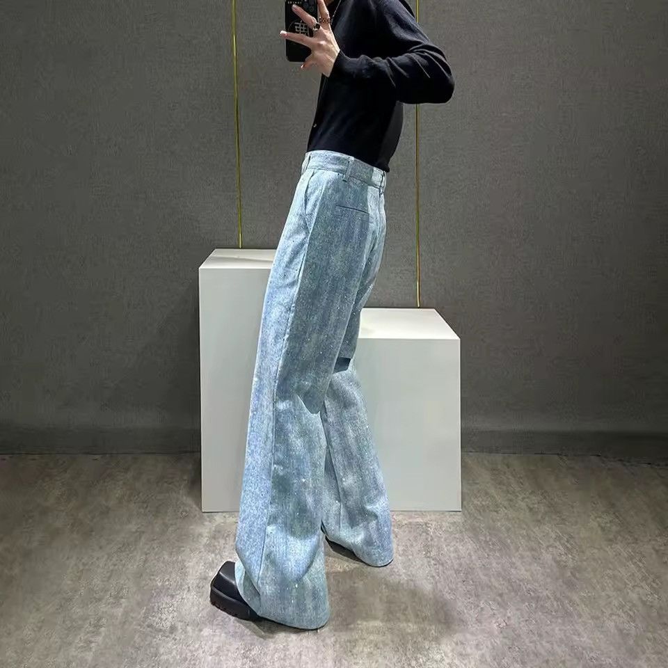 Jean Diamond Shiny Straight Light Blue Streetwear Design Pants Size US 31 - 3 Thumbnail