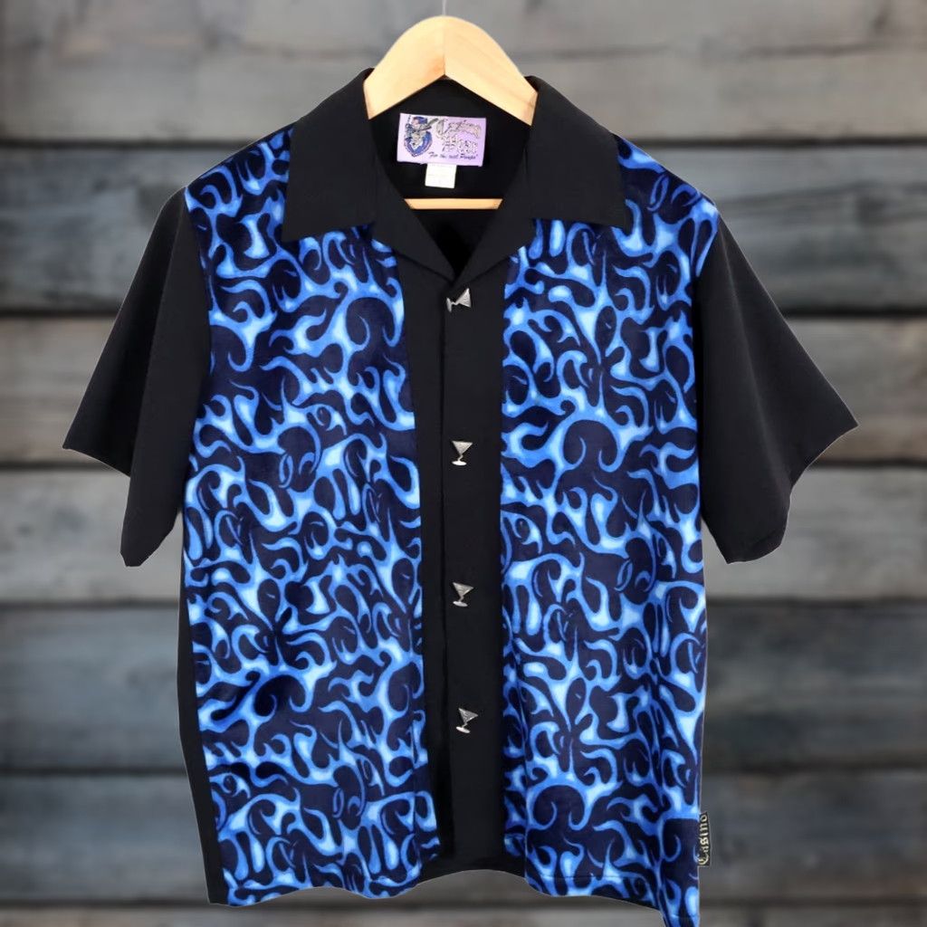 Velour VINTAGE Casino Wear Shirt Men's Large Black Blue Flame Velour Martini Buttons VTG Size US L / EU 52-54 / 3 - 1 Thumbnail
