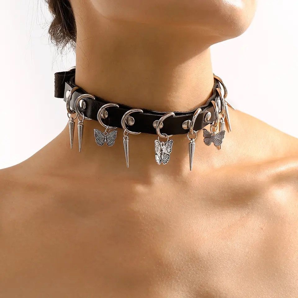 Jewelry Spike Black Leather Butterfly Choker Necklace Jewelry Size ONE SIZE - 1 Thumbnail