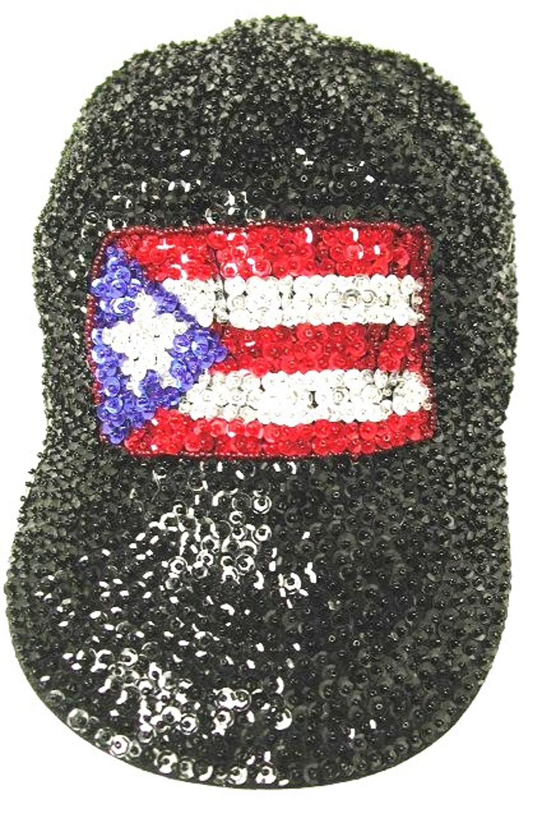 Designer Sequin Baseball Cap Black with PUERTO RICO FLAG Size ONE SIZE - 1 Preview