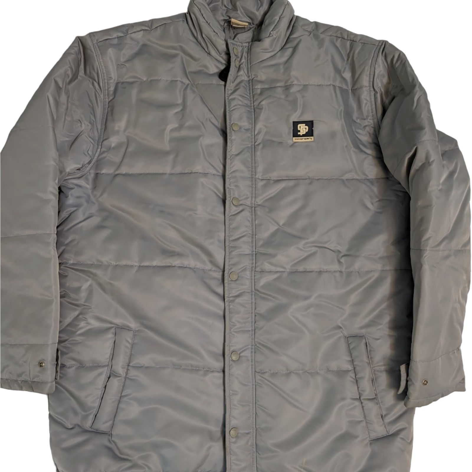 Vintage State Property Jacket Mens XL Gray Silver Full Snap Outdoor Coat Puffer Logo Nylon Softshell Long Outdoor Walking Skateboarding Mens XL Gray Size US XL / EU 56 / 4 - 1 Thumbnail