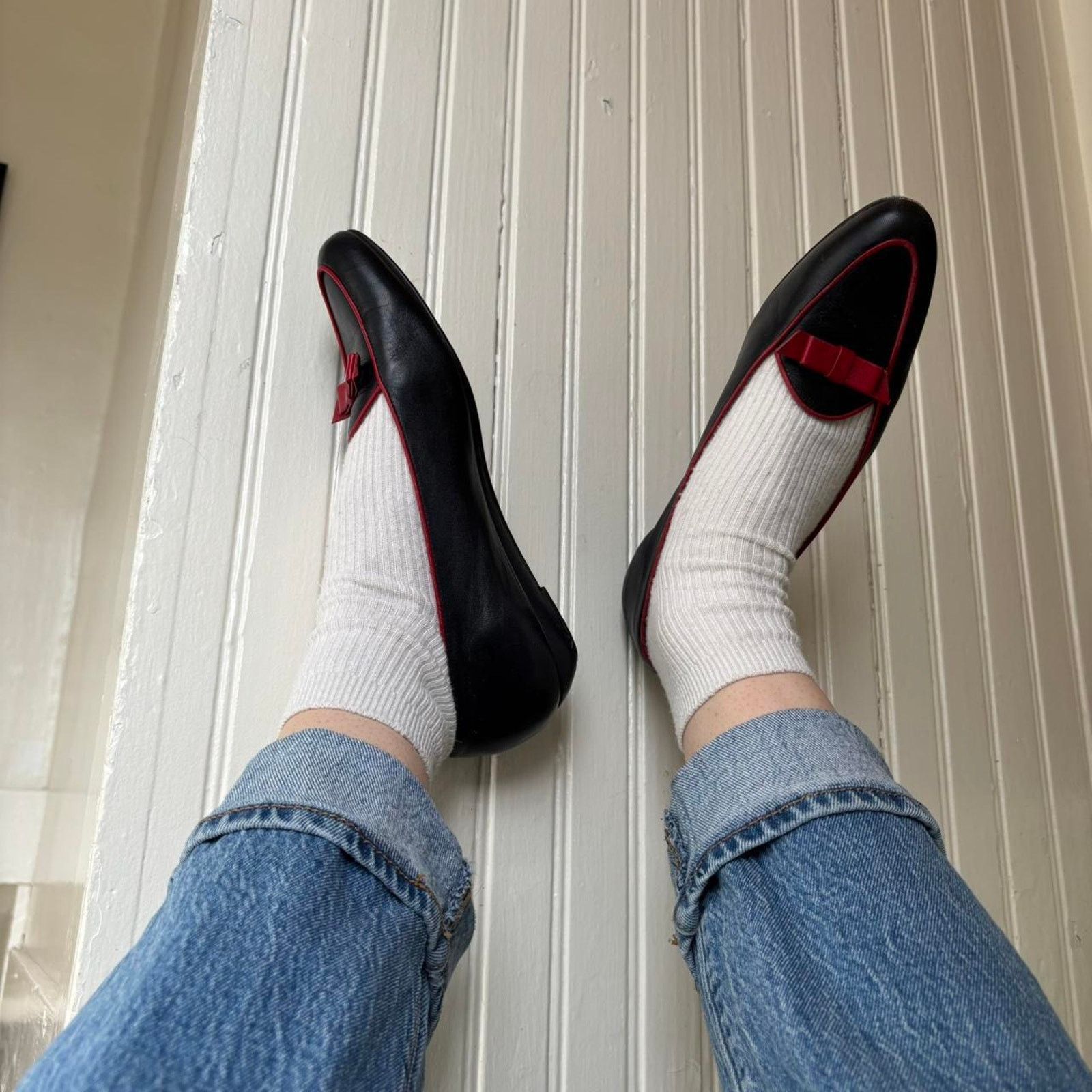 Vintage Amalfi Italian Leather Black Red Bow Loafer Flats 7 Size US 7 / IT 37 - 1 Thumbnail