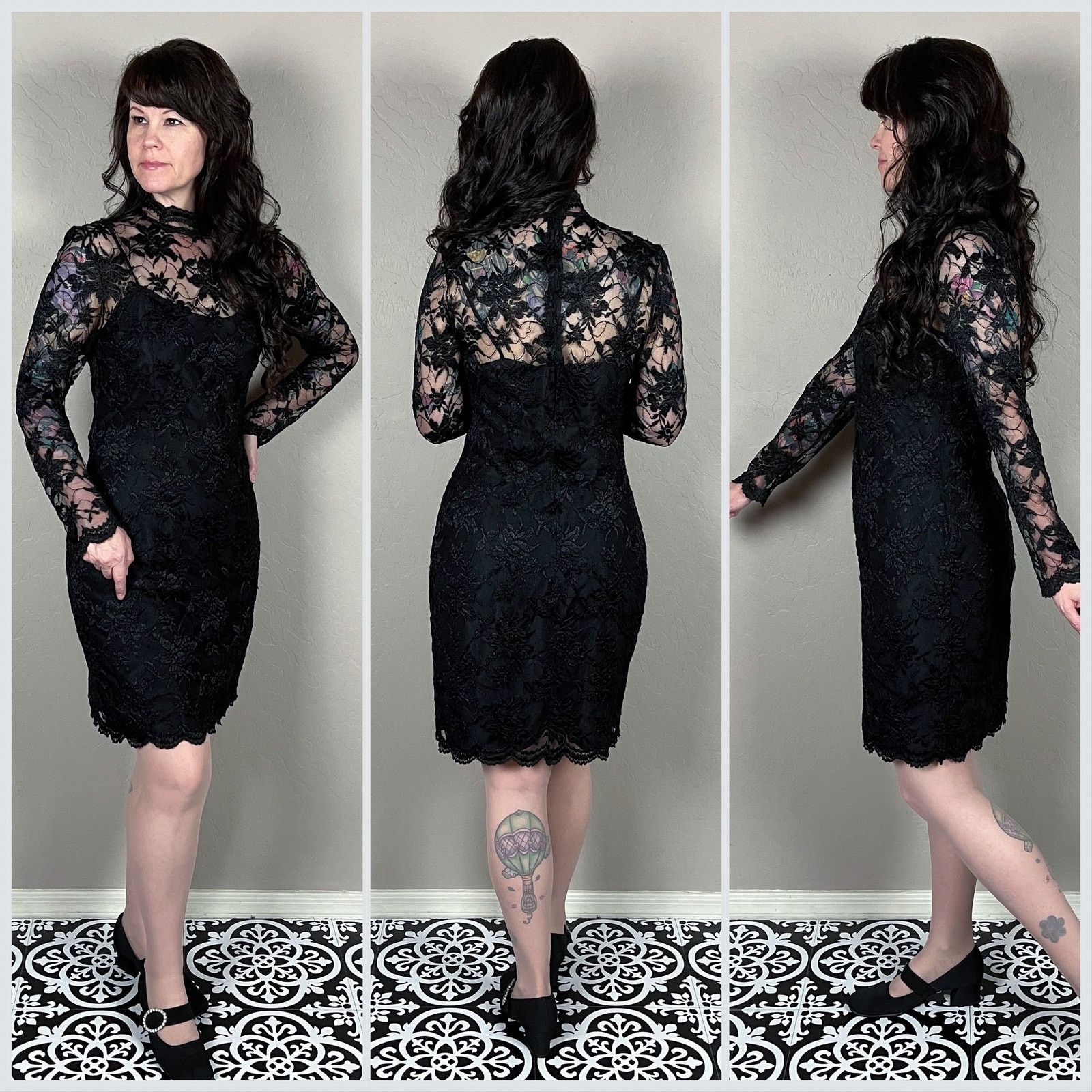 Vintage Vintage 1980s Black Lace Illusion Long Sleeve Mini Dress Size S / US 4 / IT 40 - 2 Thumbnail