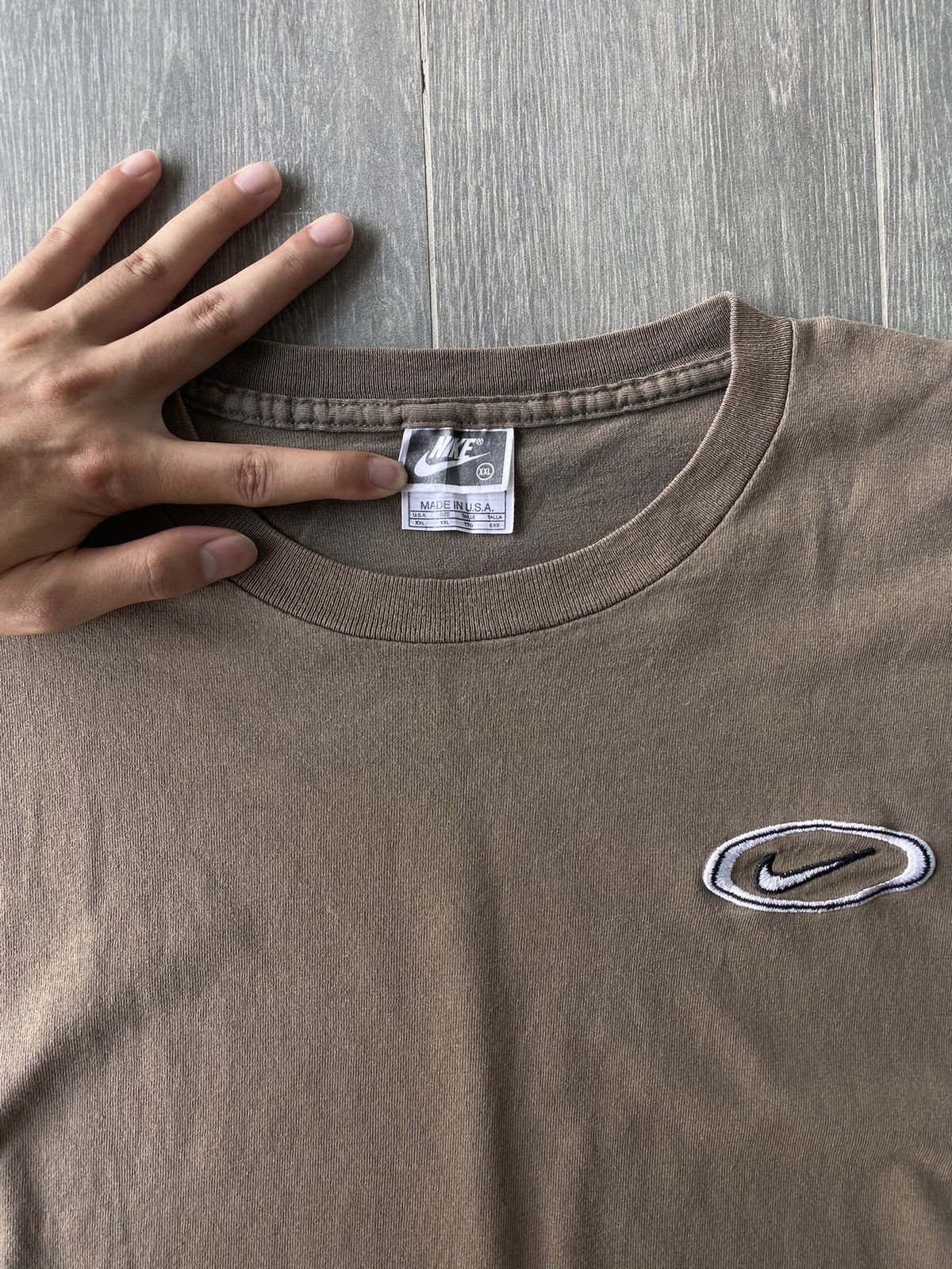 Nike × Vintage Vintage 90’s Brown Mocha Nike Oval Swoosh Tee Size US XXL / EU 58 / 5 - 4 Thumbnail
