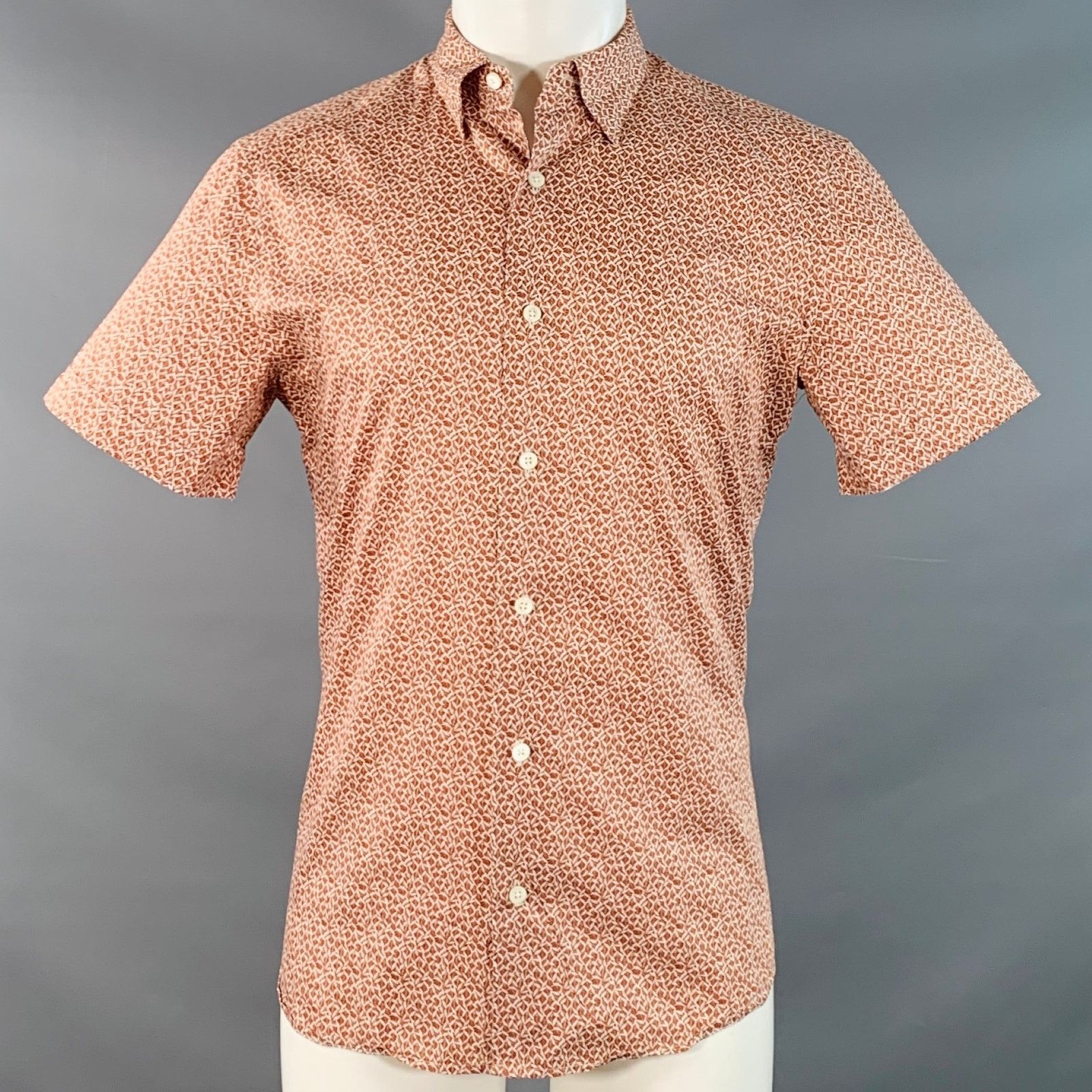 Ermenegildo Zegna Size M White Rust Abstract Cotton Short Sleeve Shirt Size US M / EU 48-50 / 2 - 1 Thumbnail