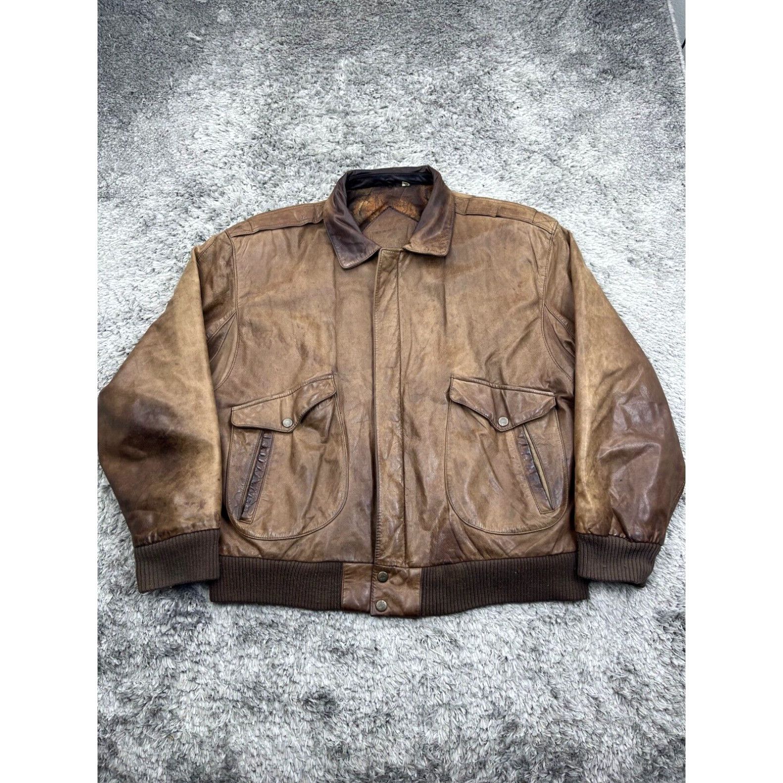 image of Roundtree Yorke Vintage Roundtree & Yorke Leather Jacket Mens Large Brown Lined Y2K Bomber Coat in 