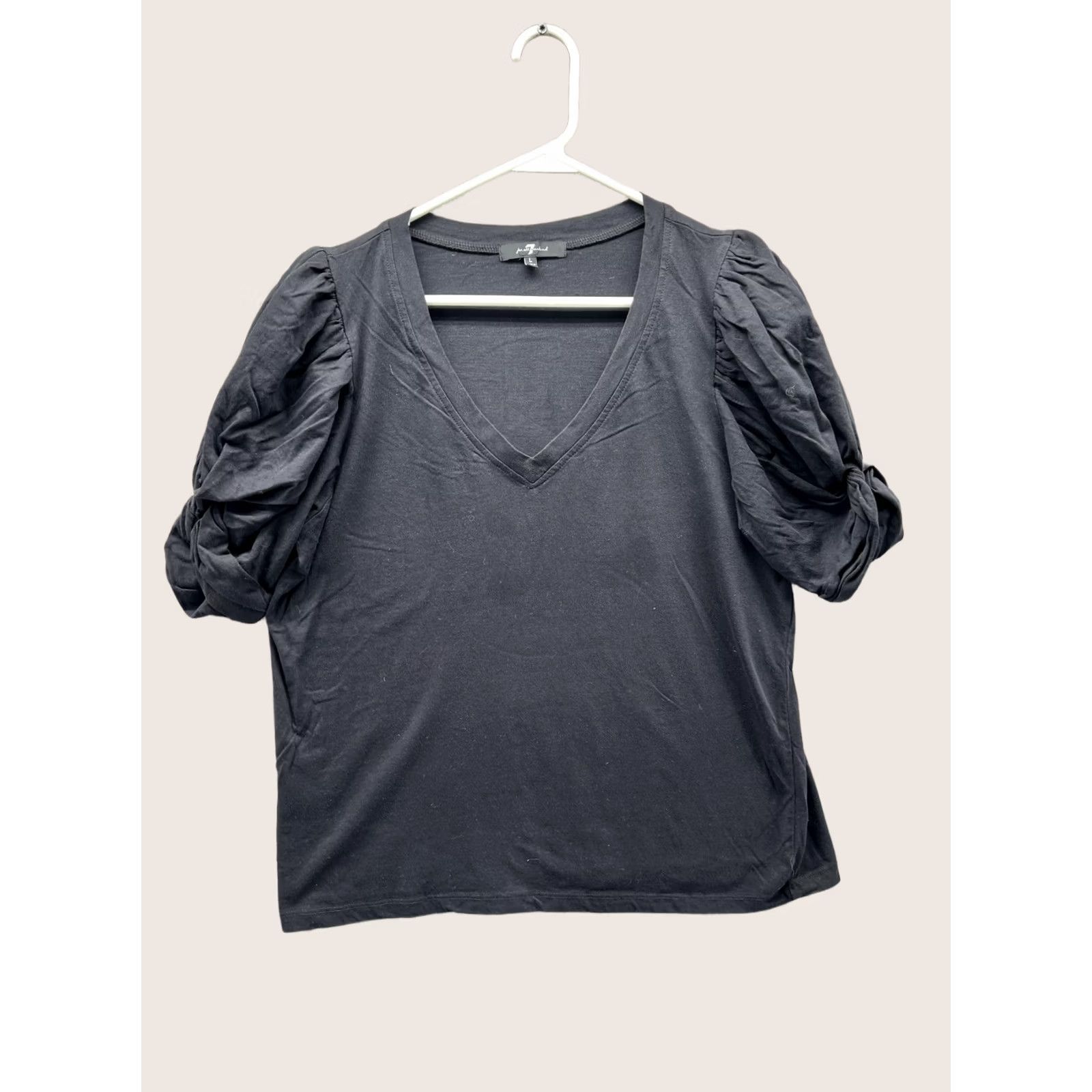 7 For All Mankind 7 For All Mankind Shirt Womens Large Black V Neck Puff Short Sleeve Jersey Top Size L / US 10 / IT 46 - 1 Thumbnail