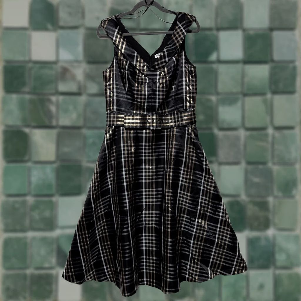 Vintage VINTAGE 1901 Belted Plaid Midi Dress Women’s Size 12 NWT Black Gold Sleeveless V-Neck Zip Party Cocktail Spring Summer Belted Women Size XL / US 12-14 / IT 48-50 - 1 Thumbnail