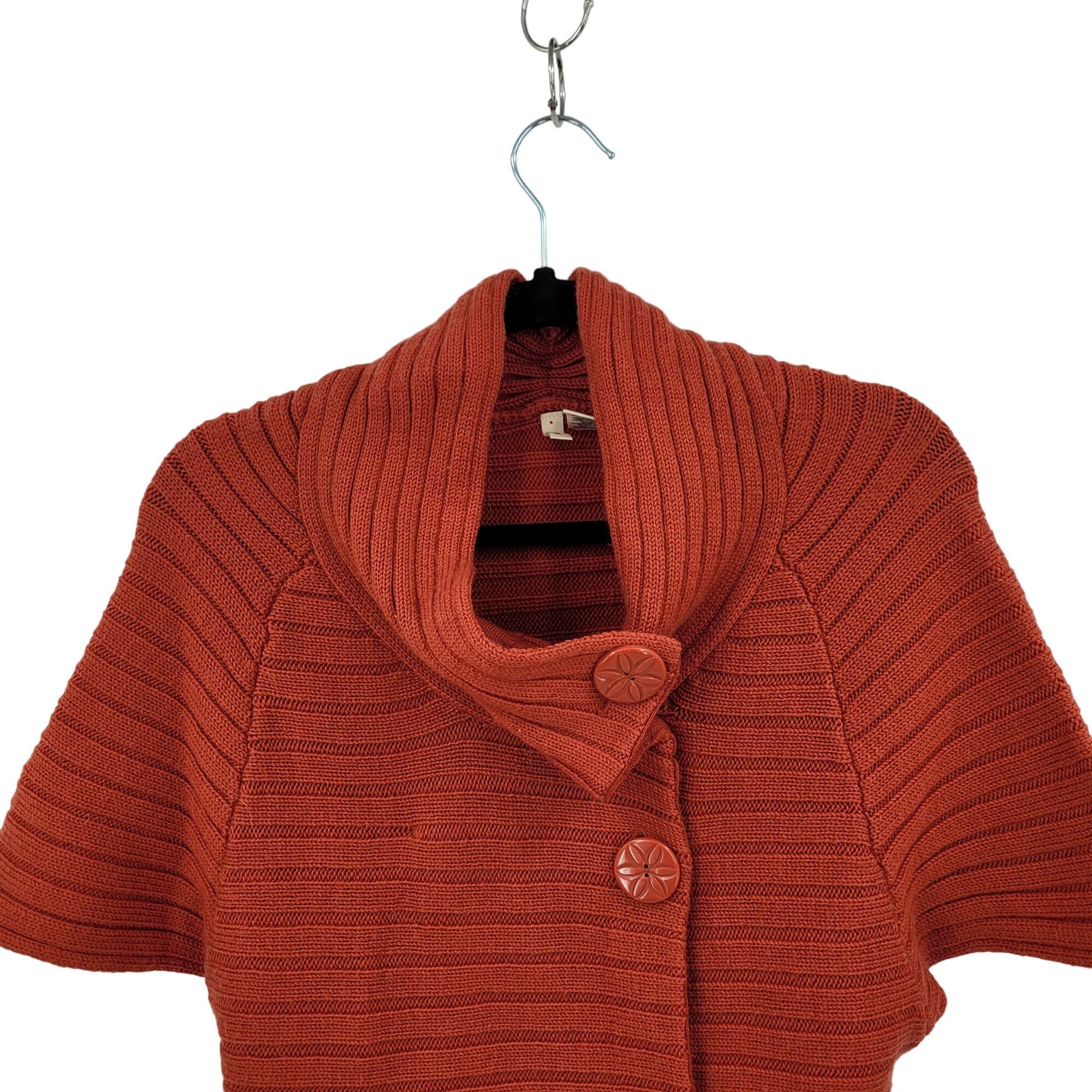 Designer Moth Rust Wool Ribbed Knit Poncho L High Collar Button Cardi Size L / US 10 / IT 46 - 4 Thumbnail