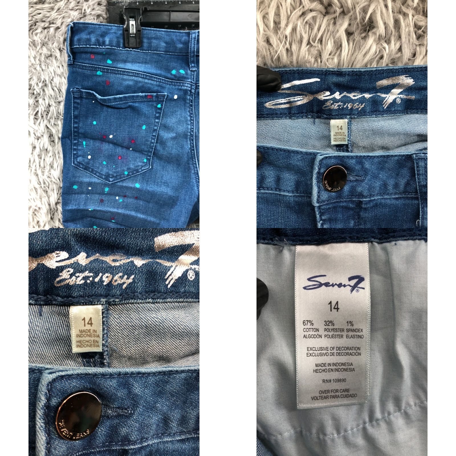 Vintage Seven7 Cut-Off Shorts Womens Size 14 Mid Rise Medium Wash Blue Paint Splatter Denim Shorts Casual 14 Womens Boys Girls? Size 36" / US 14 / IT 50 - 8 Thumbnail