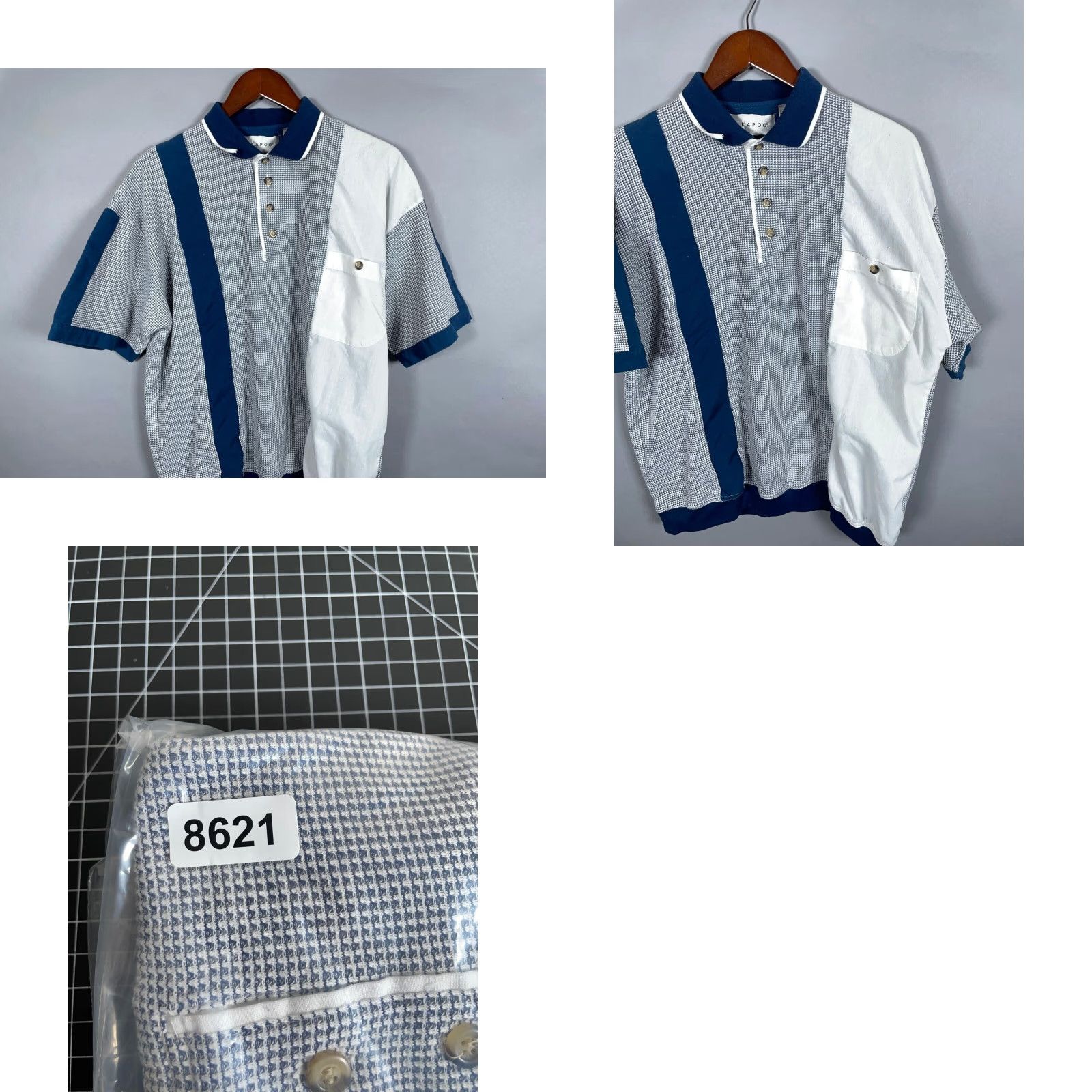 Vintage VTG 80s Hukapoo Textured Paneled Polo Shirt Adult Large Blue White Retro Woven Size US L / EU 52-54 / 3 - 8 Thumbnail