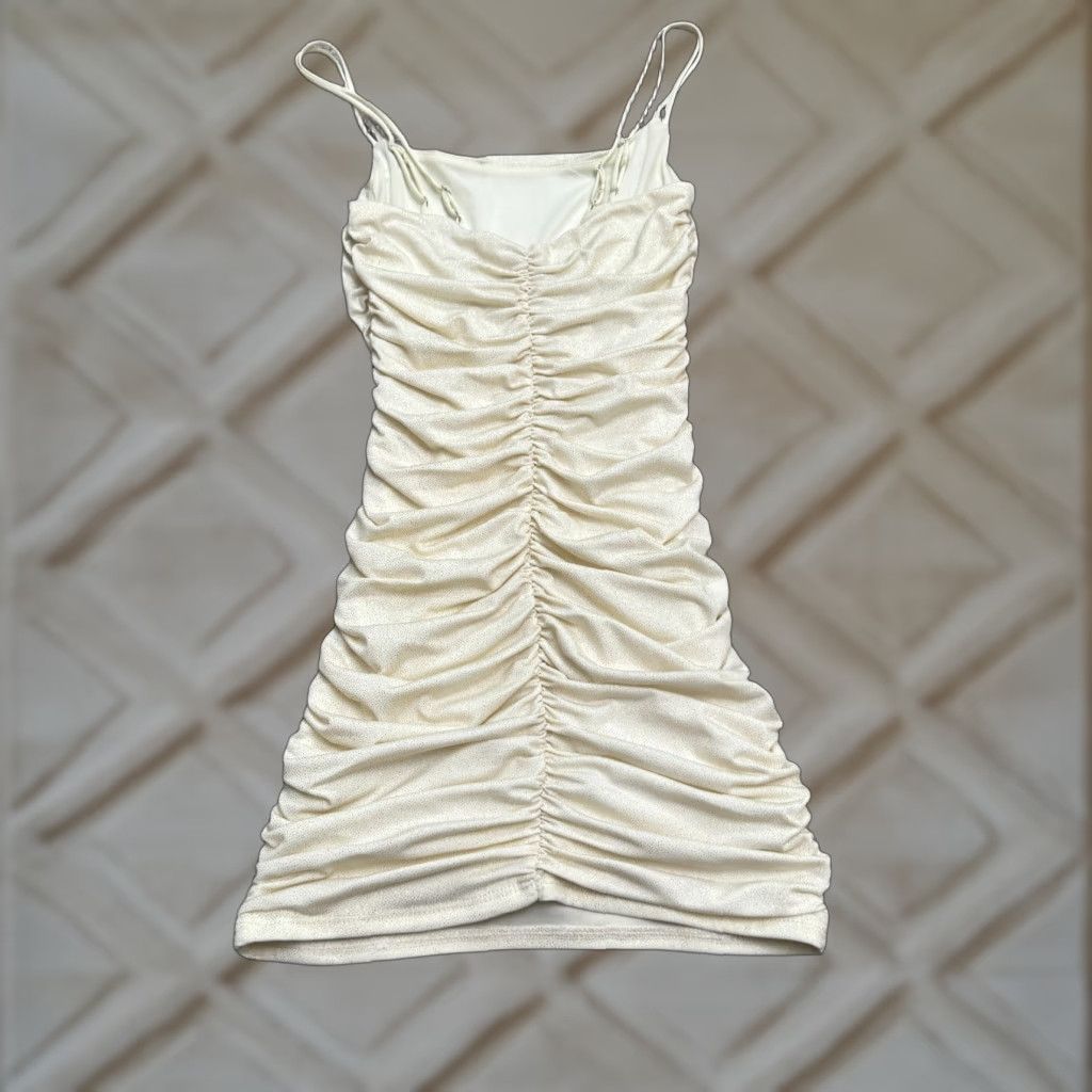 Vintage LUCY IN THE SKY Dress Mini Sleeveless Ruched Shimmer XS Cream Beig​e Plunging Knit Polyester Women's Size XS / US 0-2 / IT 36-38 - 1 Thumbnail