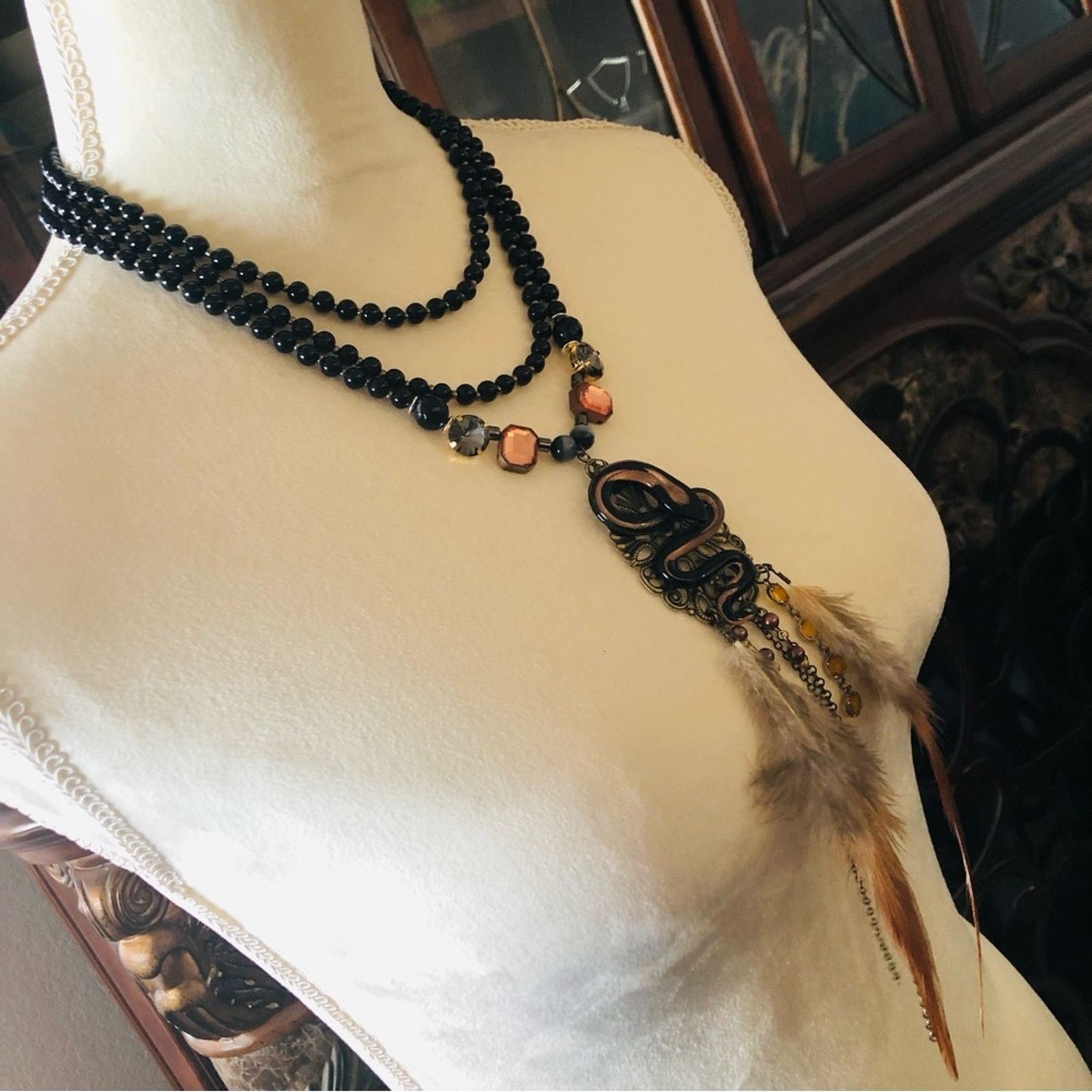 Handmade Handcrafted filigree snake Czech Pearl genuine onyx necklace Size ONE SIZE - 3 Thumbnail