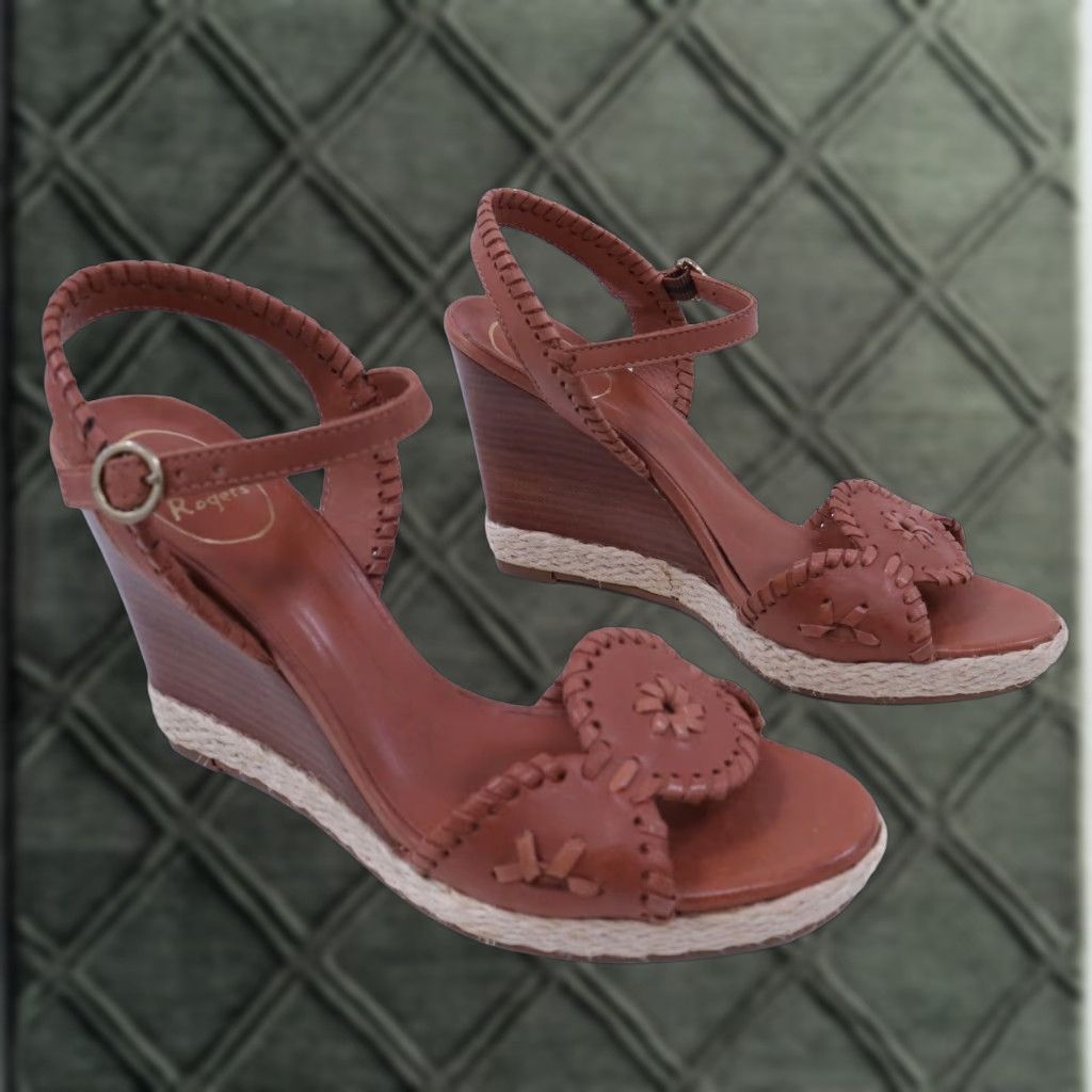 Jack Rogers Clare Wedge Sandals Womens 7M Brown Leather Medallion Strappy High Heel Shoes Boho (Size 5)