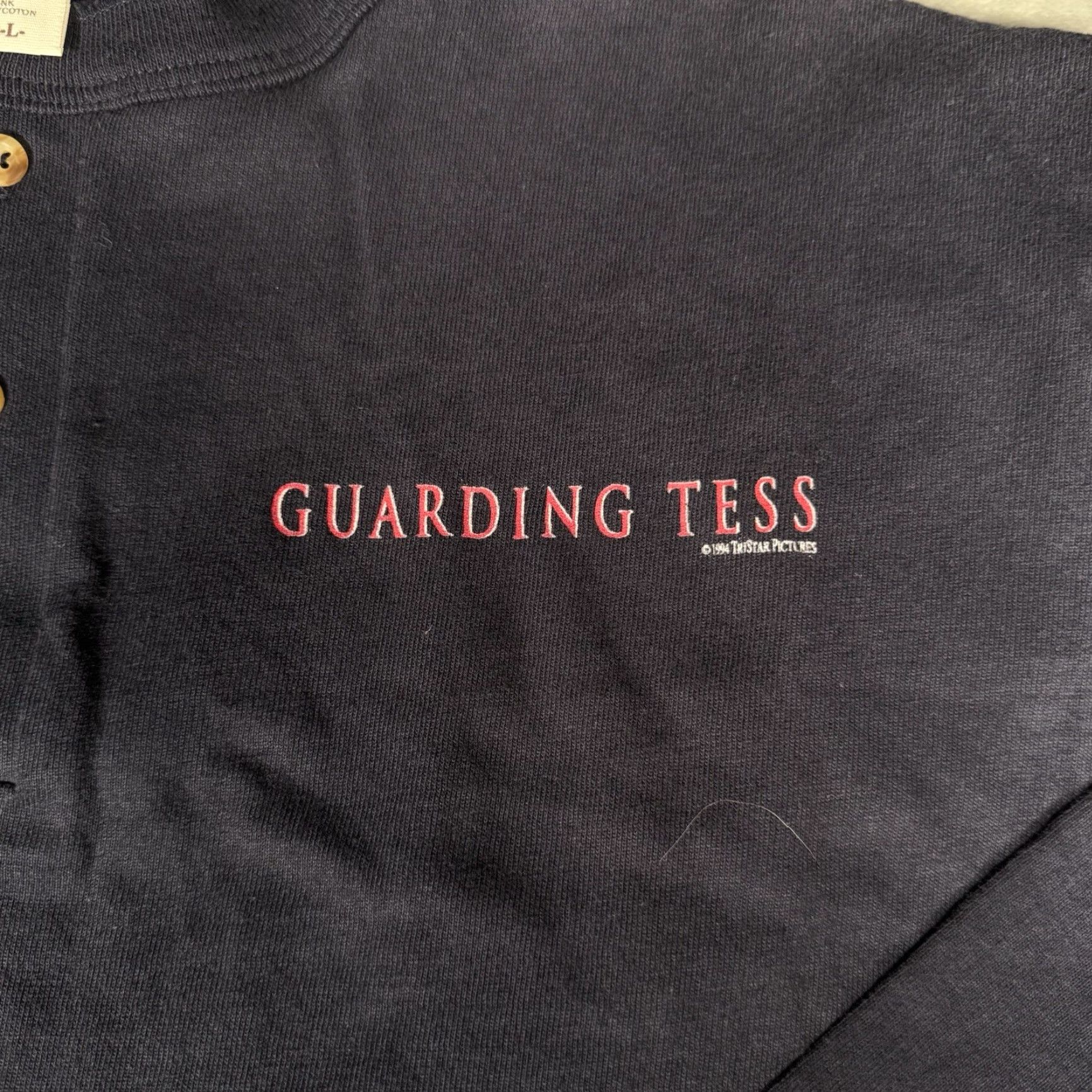 Vintage VINTAGE Guarding Tess Movie Promo Henley T Shirt Mens L Slim Fit Long Sleeve 90s Blue Logo Pattern Cotton Size US L / EU 52-54 / 3 - 2 Thumbnail