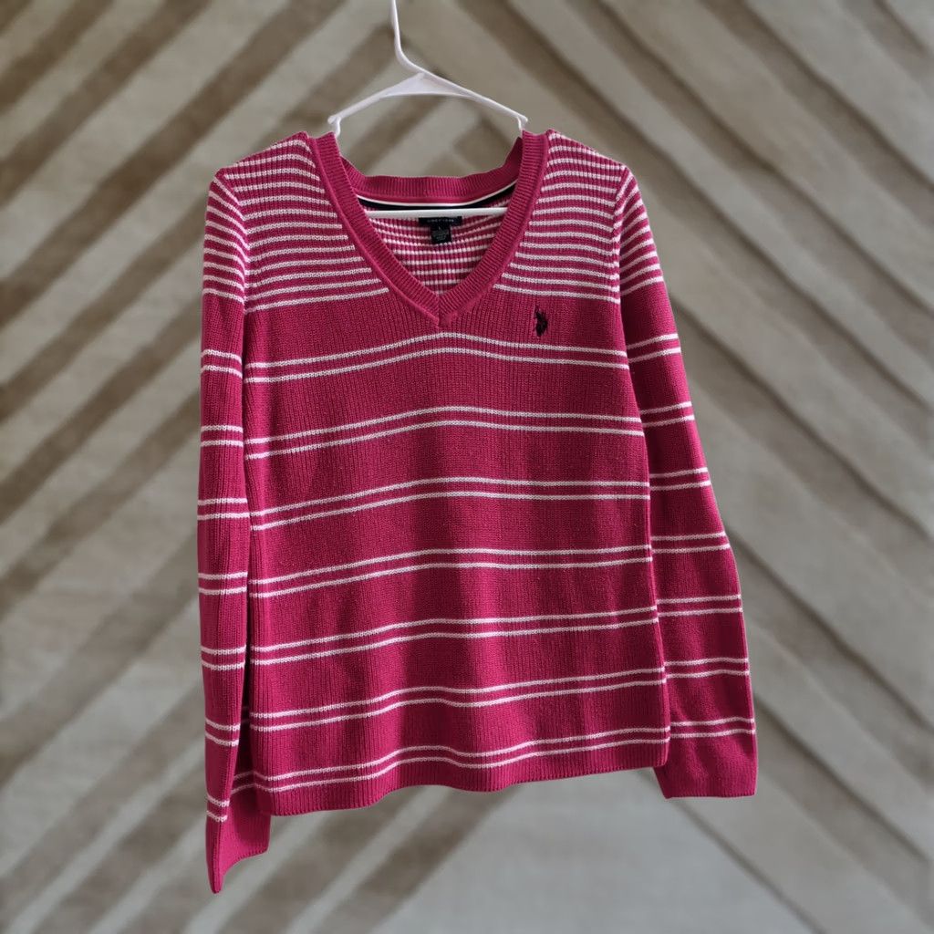 U.S. Polo Assn. VINTAGE U.S. POLO ASSN. Lightweight Striped Pink/White Sweater V-neck Large Women/L Size L / US 10 / IT 46 - 1 Thumbnail