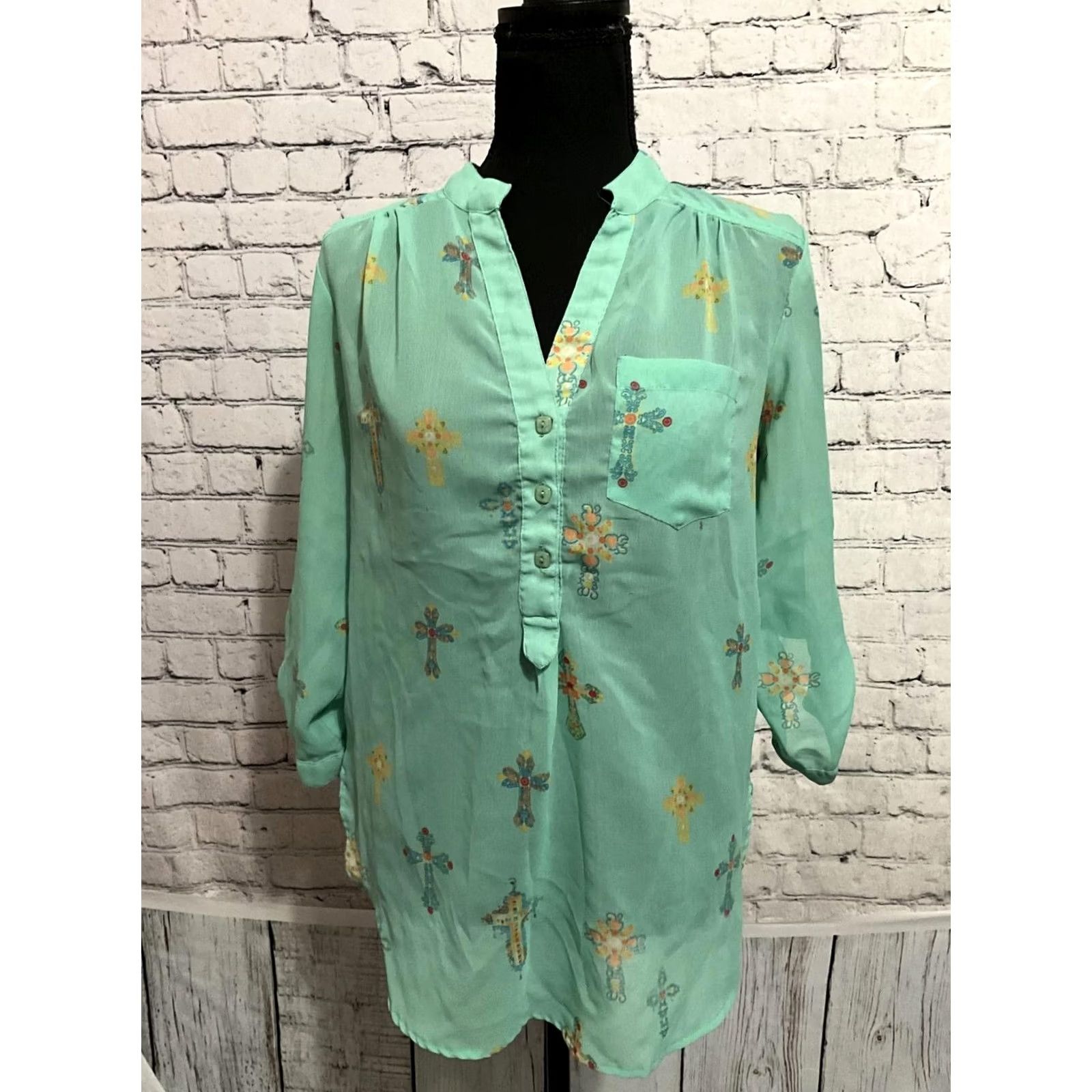 Vintage Live & Truth Blouse Shirt Women Mint Green Cross Print 3/4 Sleeve Size S Regular Button Cotton Chiffon Size S / US 4 / IT 40 - 5 Thumbnail