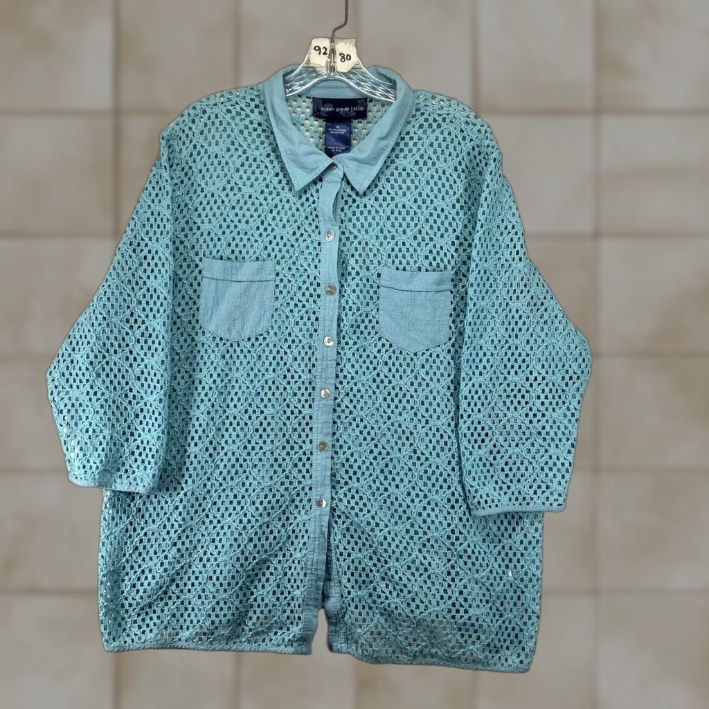 Vintage Women's 1X Button Up Top Collared Sheer Knit Crochet Style Light Aqua Pearl Size XL / US 12-14 / IT 48-50 - 1 Thumbnail