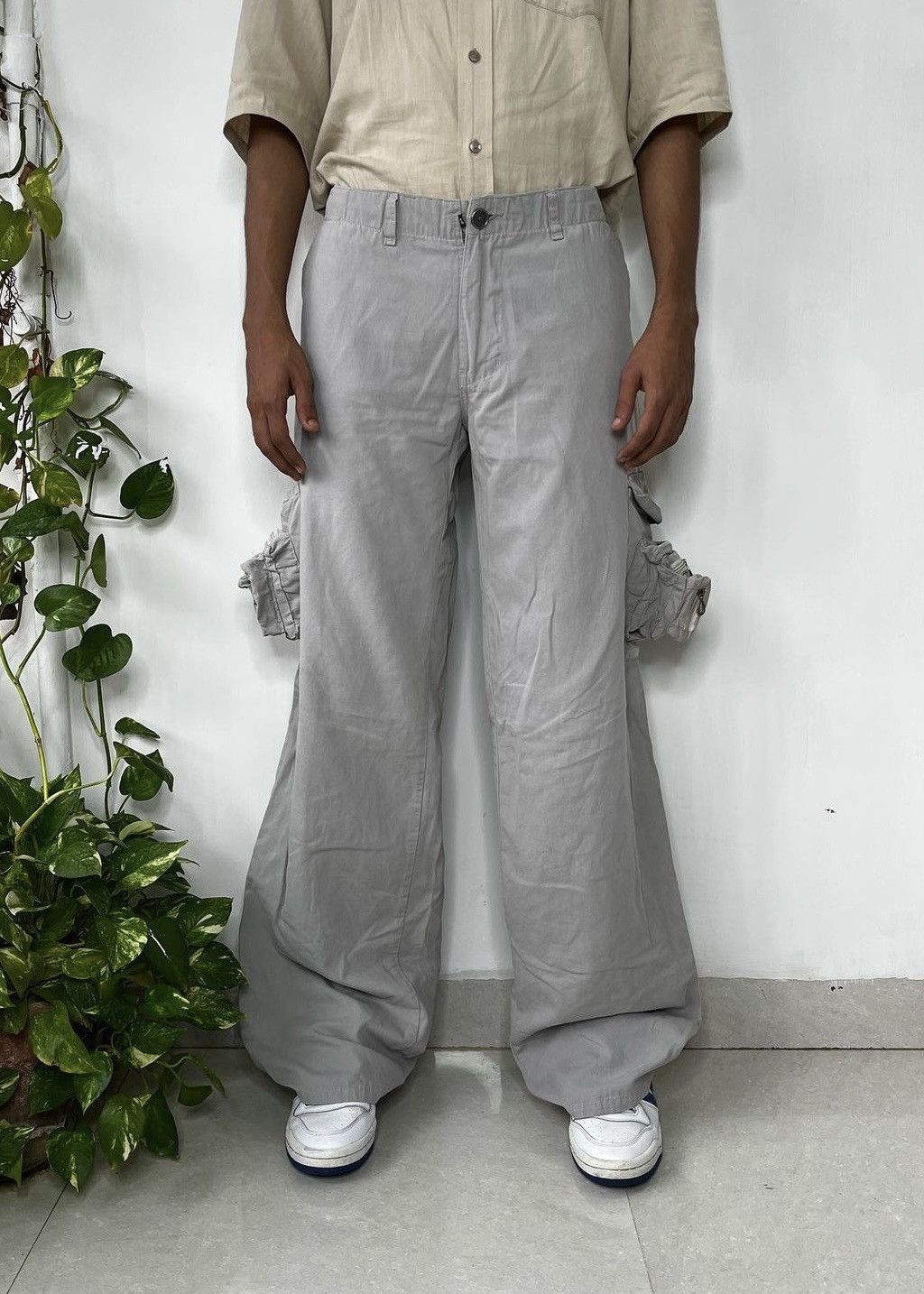 image of Junya Watanabe x Le Grande Bleu L G B Vintage Parachute Flared 3D Multipocket Cargo Pants in Grey (