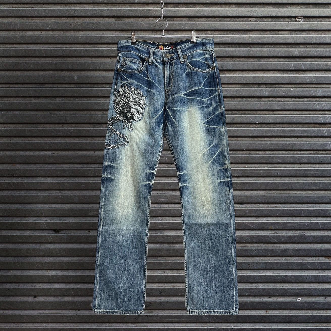 Japanese Brand Nippon Blue Jizo Bosatsu Skull Embroidery Whiskered Jeans Size US 30 / EU 46 - 1 Thumbnail